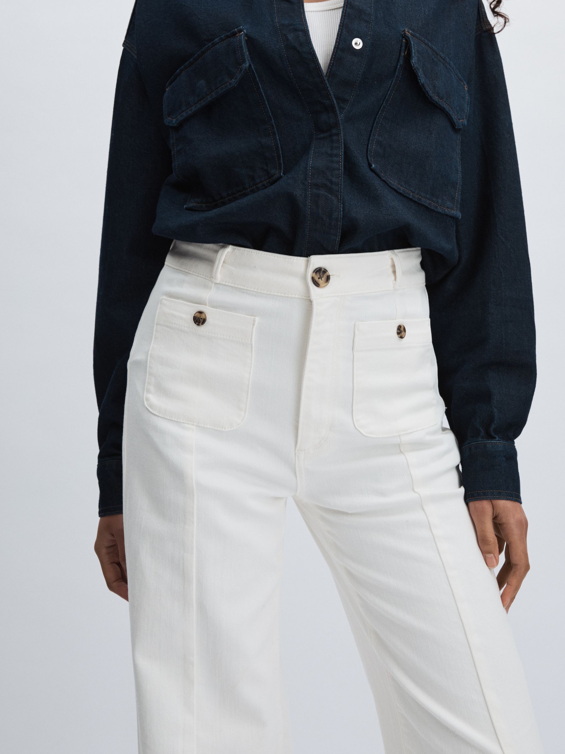 Paige Wide-Leg Patch Pocket Jeans in Ecru