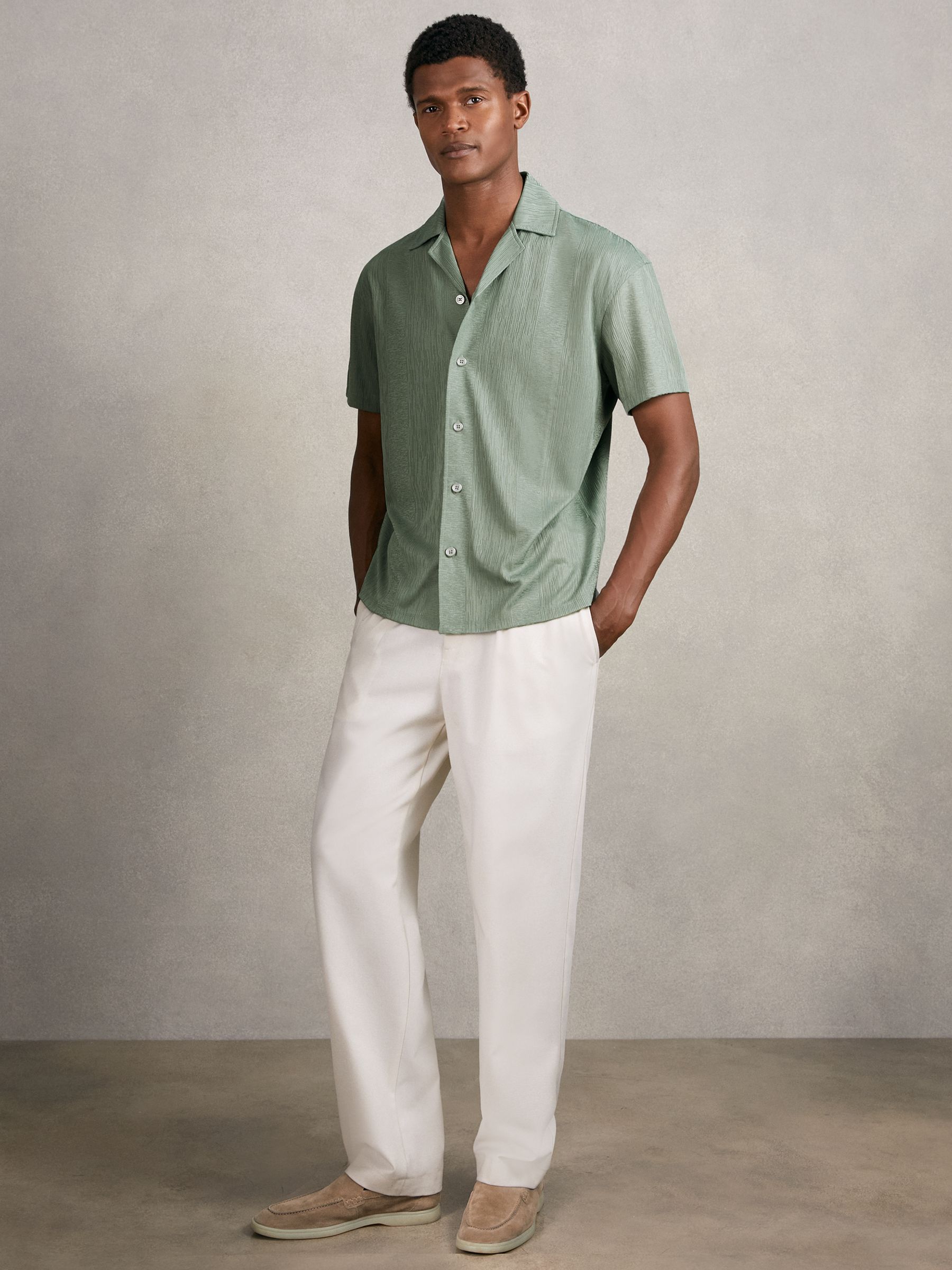 Jacquard-Stripe Cuban-Collar Shirt in Mint Green