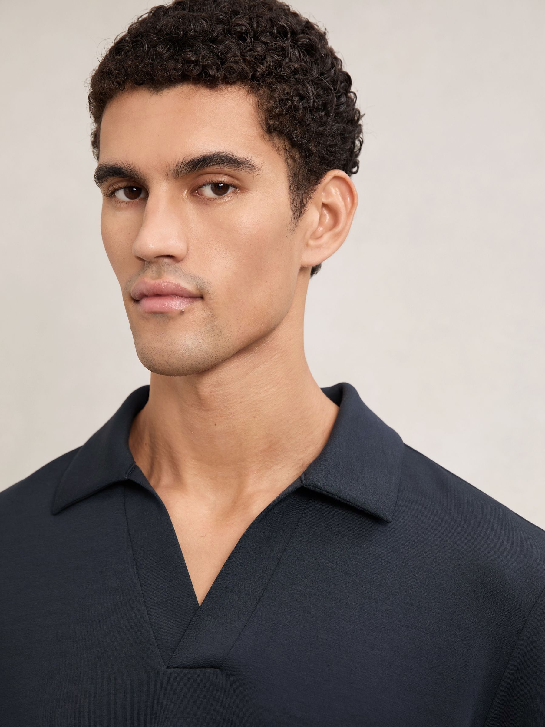 Interlock Open-Collar Polo Sweatshirt in Navy Blue