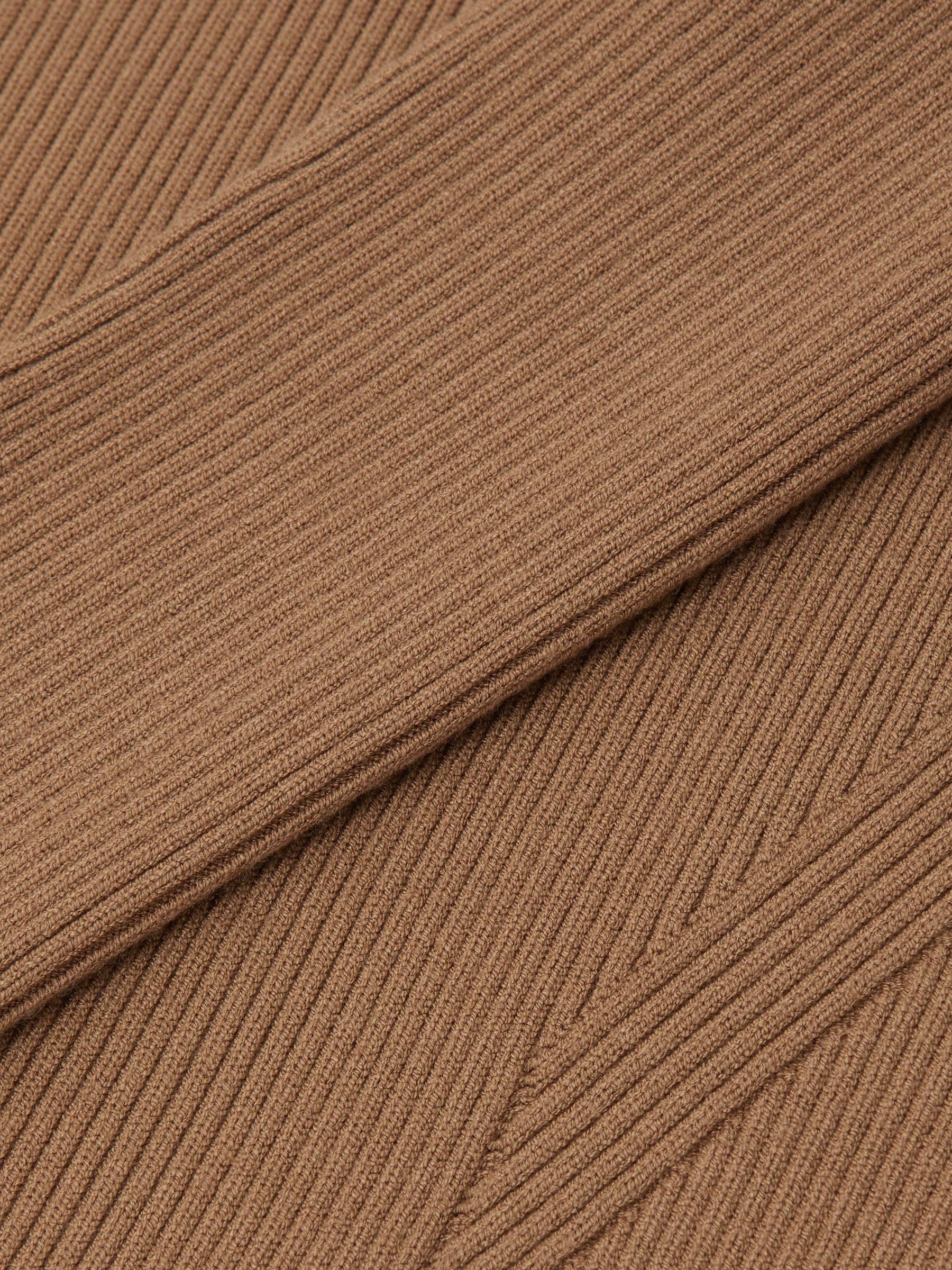 Asymmetric-Neck Rib-Knit Midi Dress in Camel