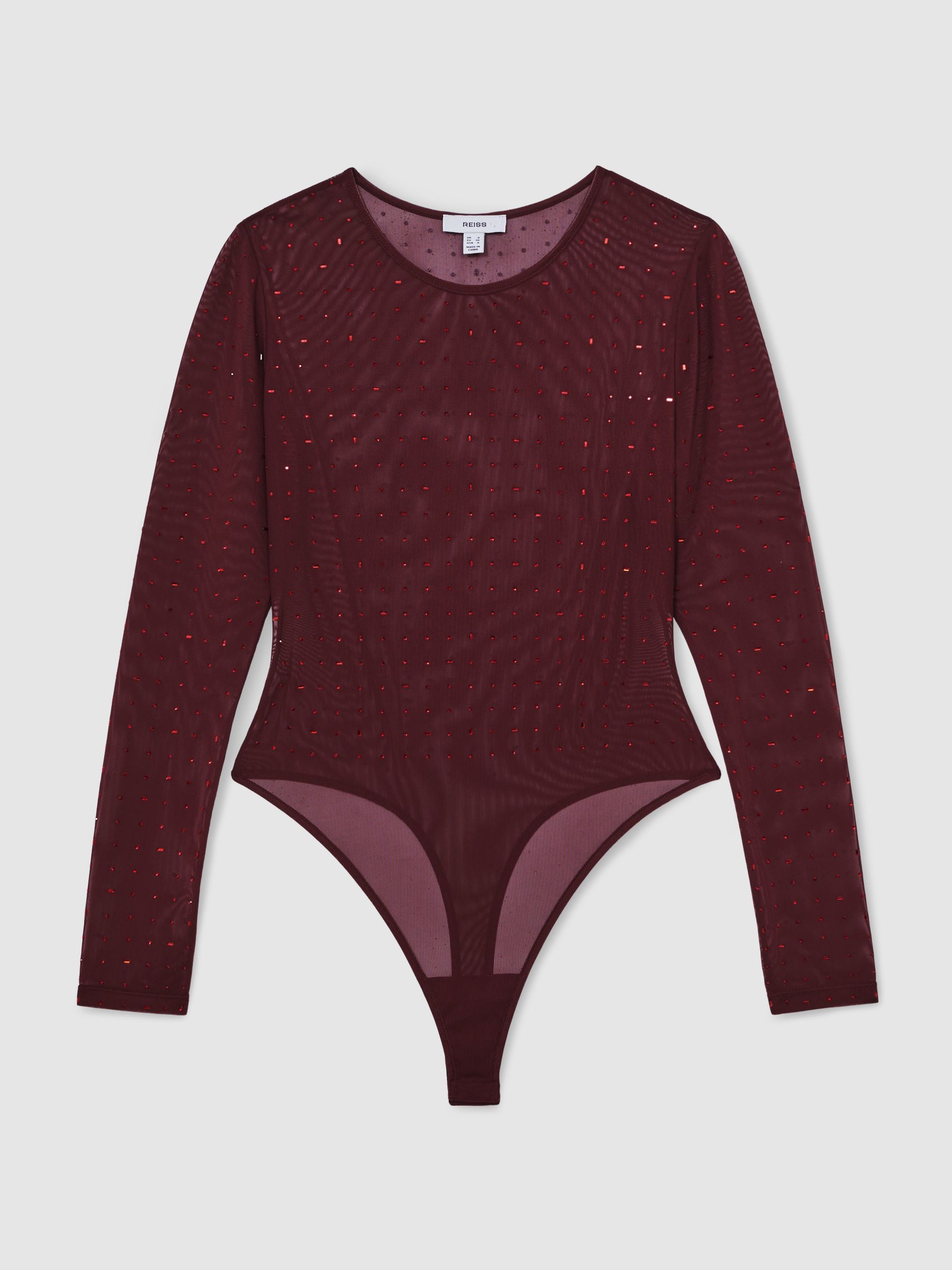 Crystal-Embellished Mesh Bodysuit in Red