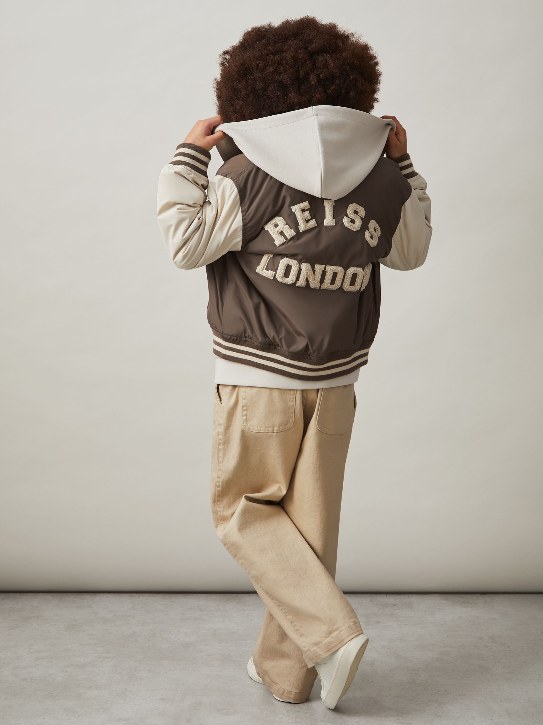 13-14 yrs Colour-Block Varsity Bomber Jacket in Mink Brown/Off White