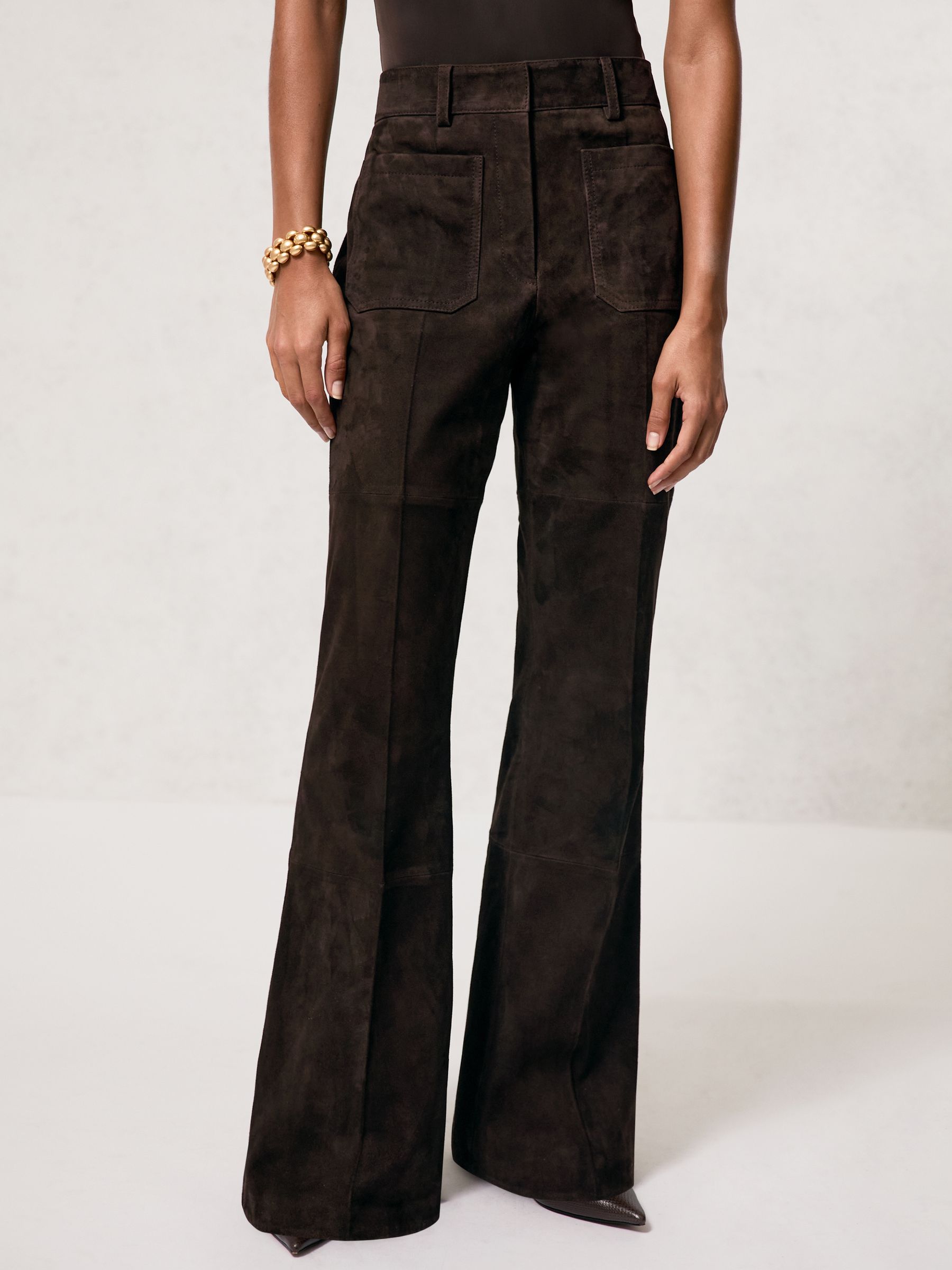 Petite Suede High-Rise Flared Trousers in Chocolate Brown