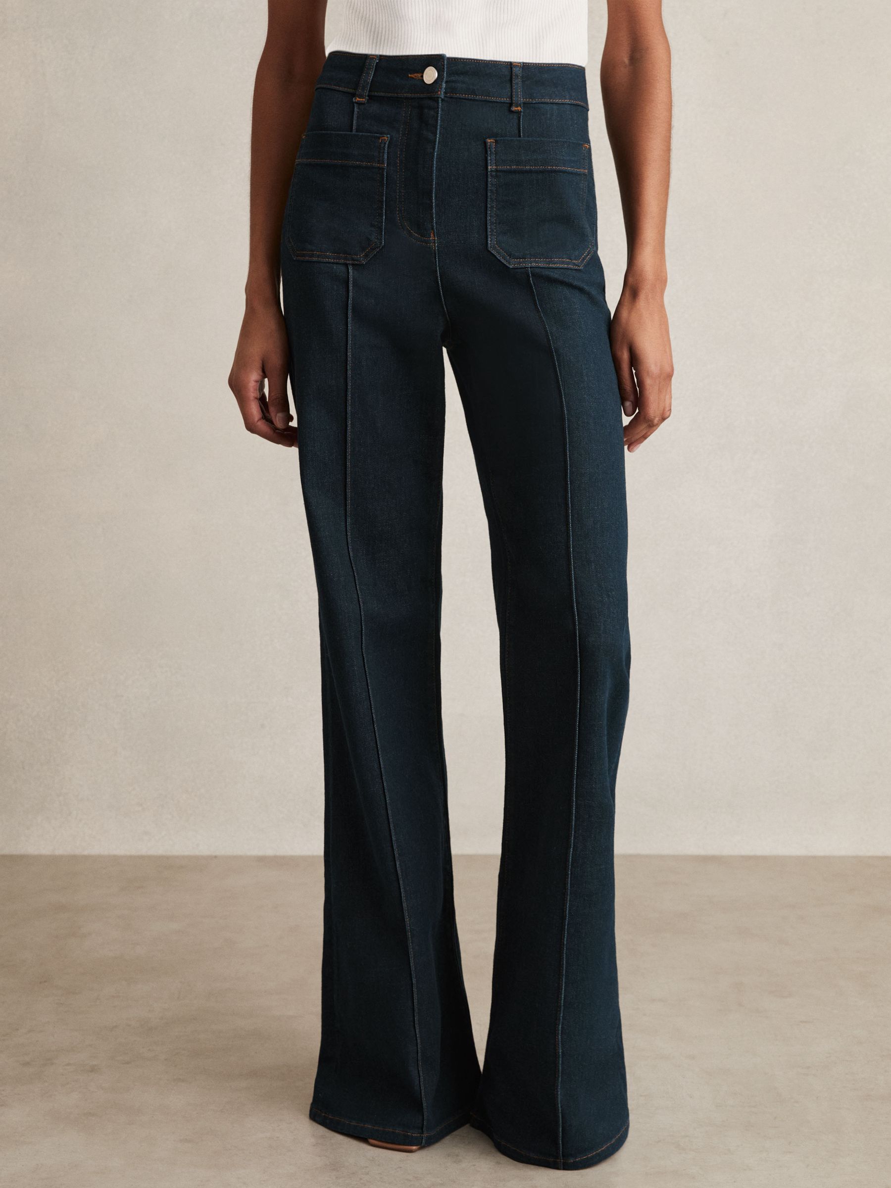 Petite Patch-Pocket Flared Jeans in Dark Blue