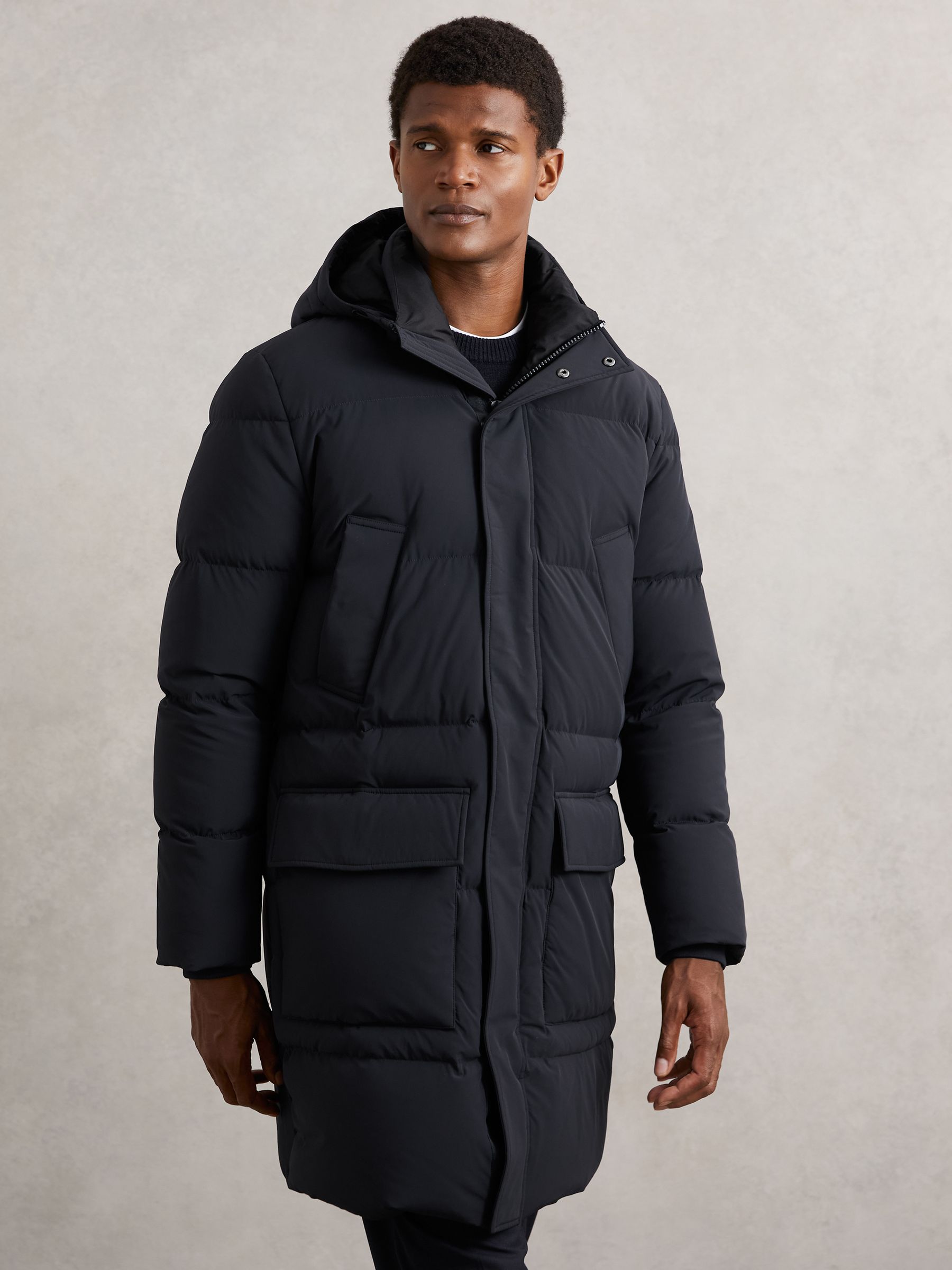 Longline Quilted Puffer Jacket in Navy