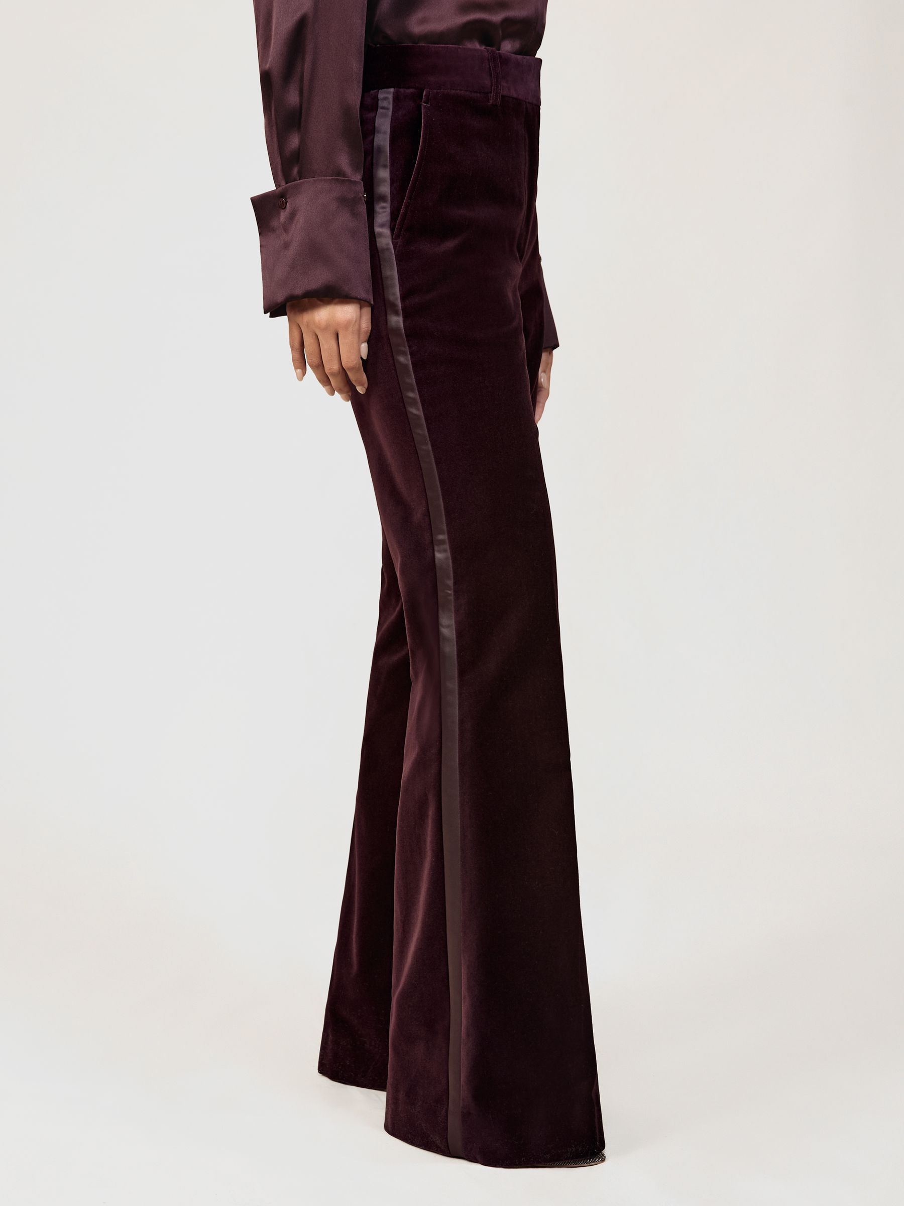Petite Velvet Tuxedo-Stripe Flared Trousers in Burgundy