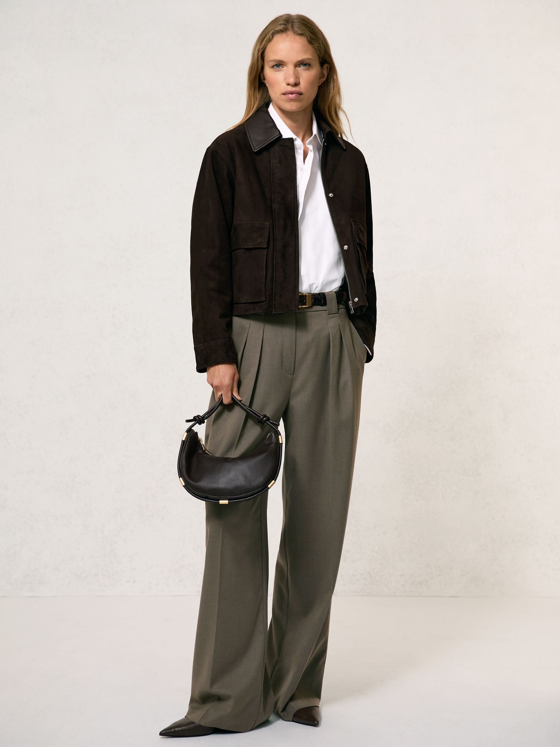 Leather-Collar Suede Jacket in Chocolate Brown