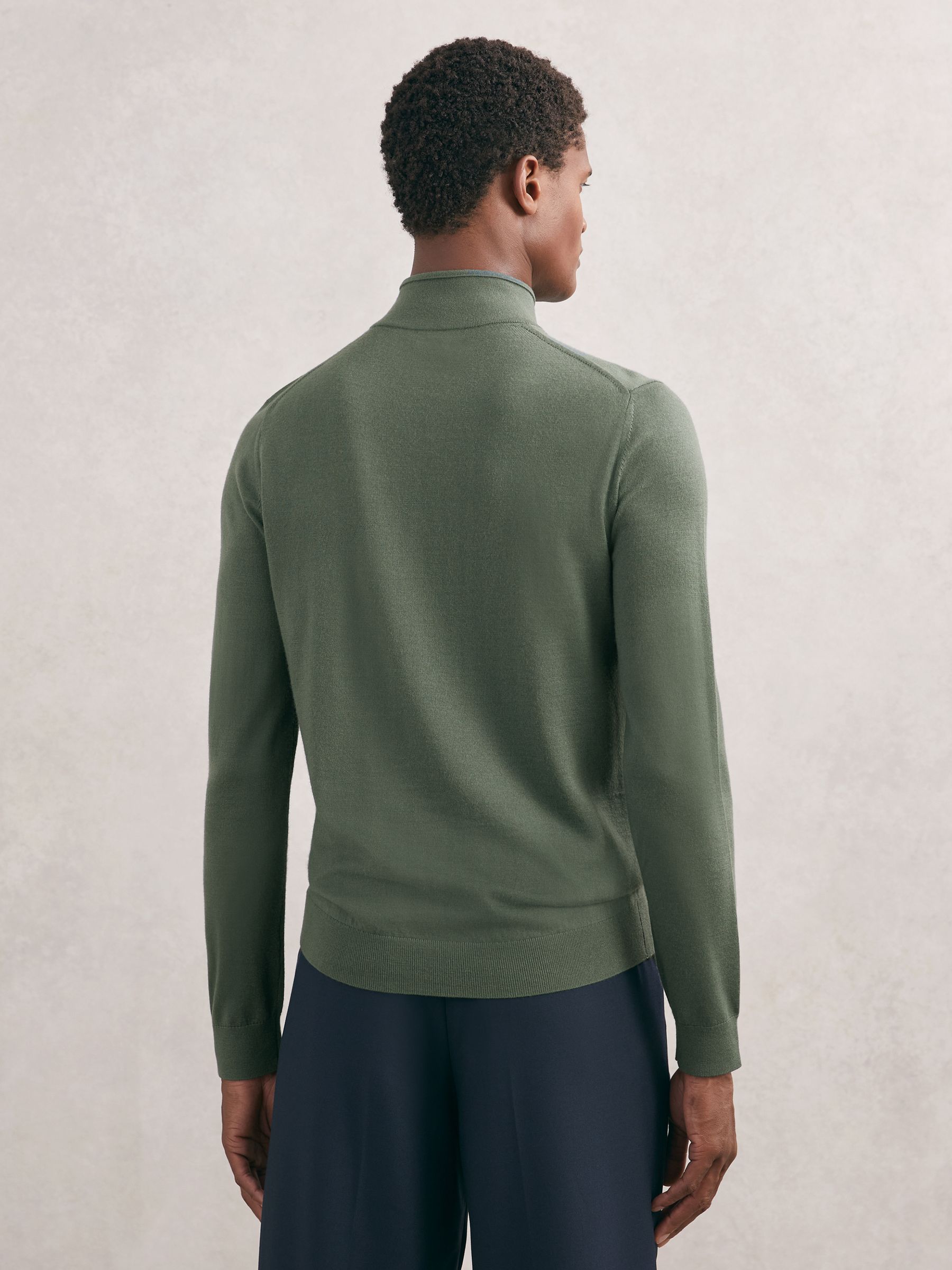 Merino Wool Zip-Through Cardigan in Kale Green