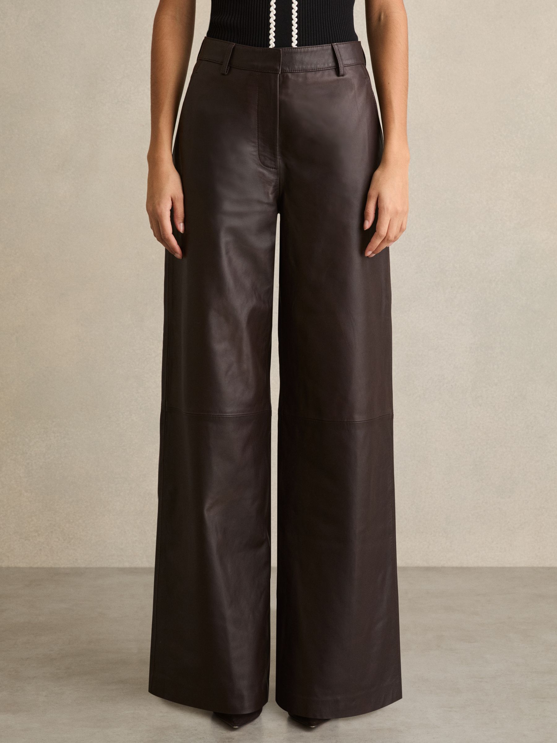Leather Wide Leg Trousers in Chocolate