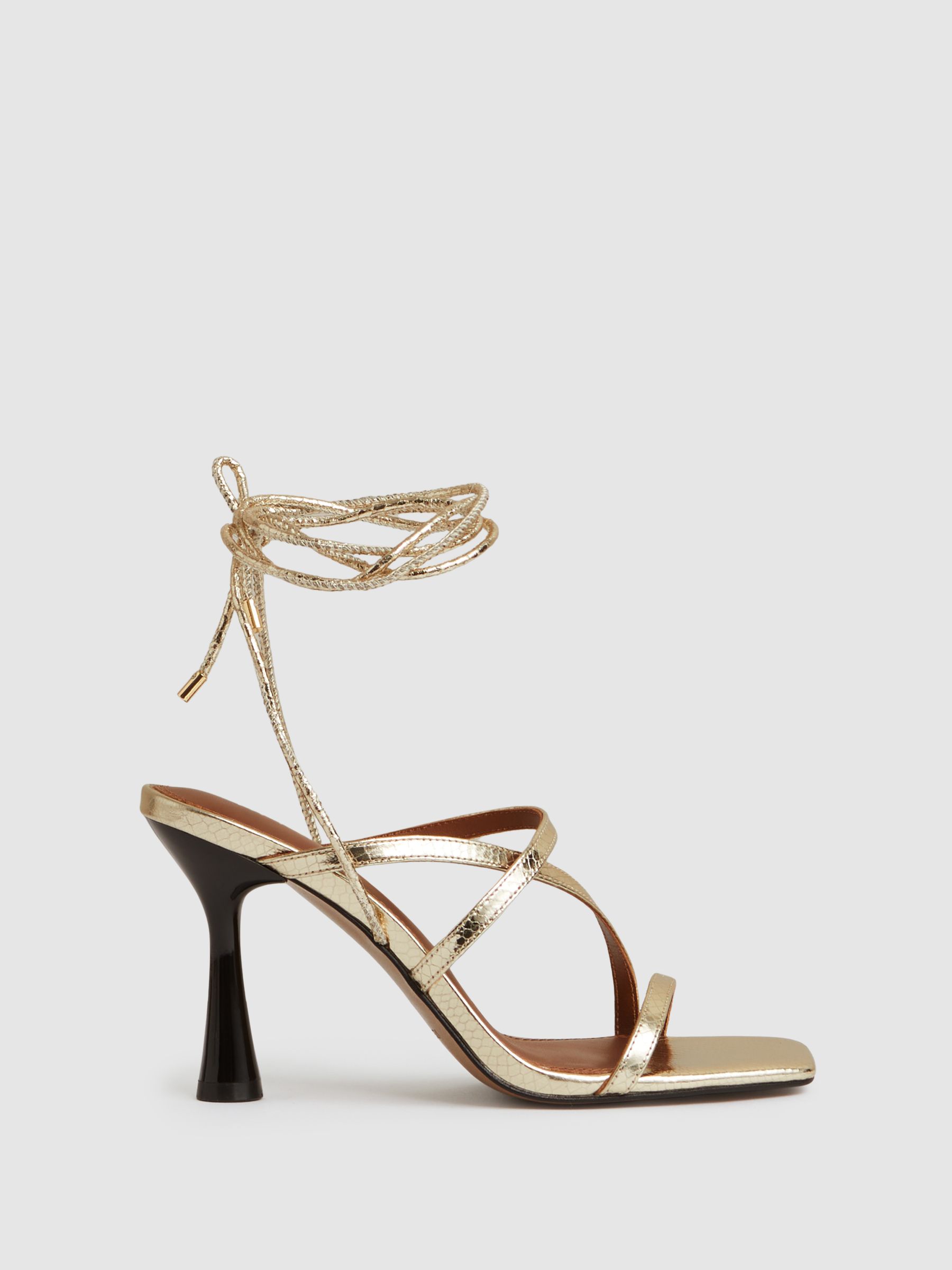 Leather Metallic Strappy Heeled Sandals in Gold