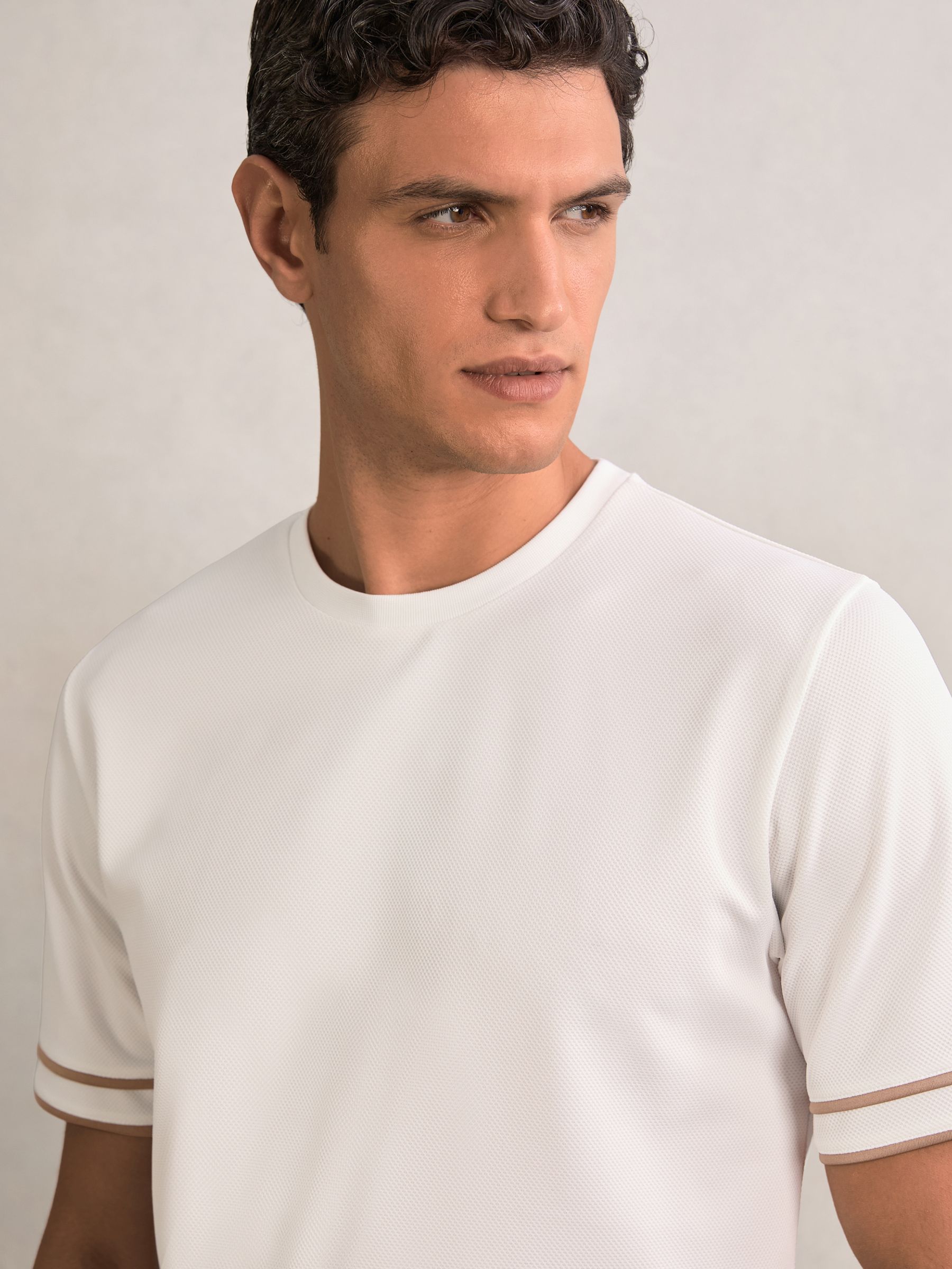 Textured Crew-Neck Tipped T-Shirt in White