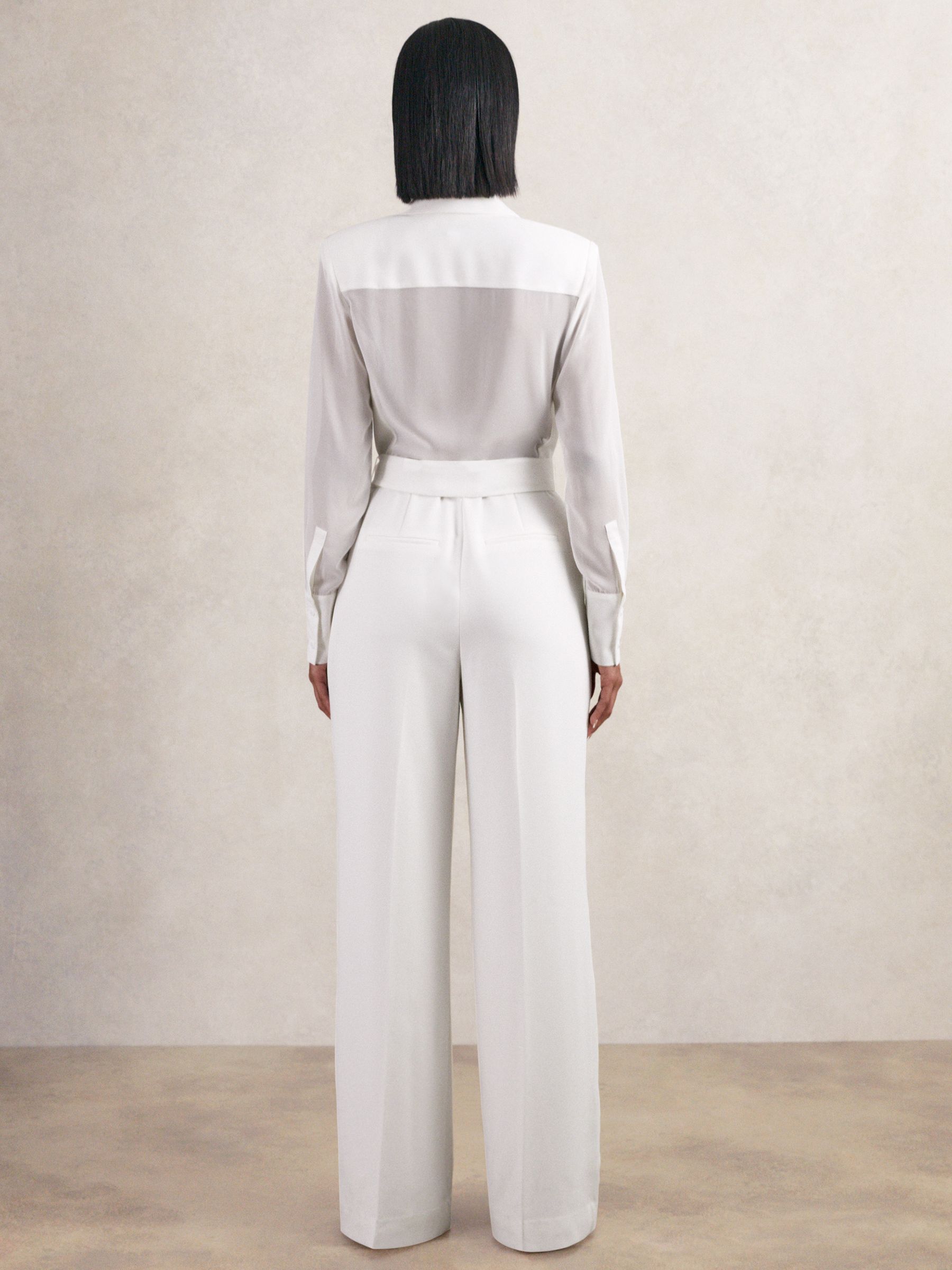 Sheer-Sleeve Wide-Leg Tuxedo Jumpsuit in Ivory