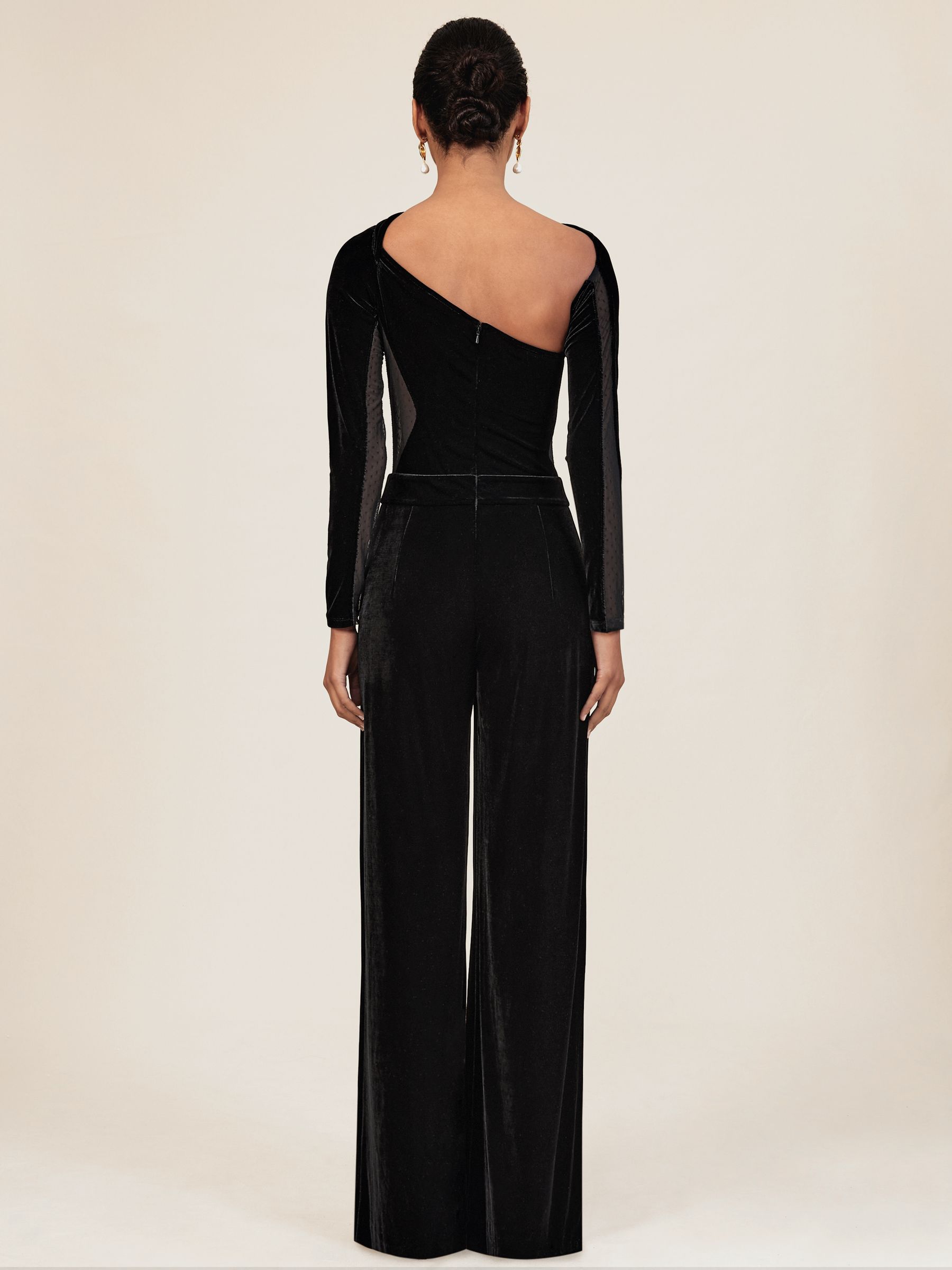 Velvet Sheer-Panel Wide-Leg Jumpsuit in Black
