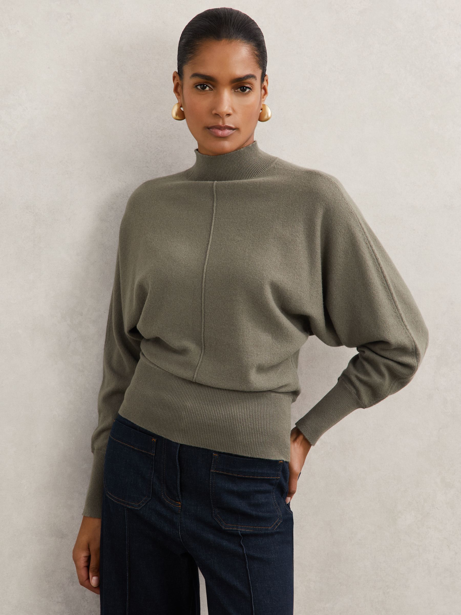 Wool-Blend Funnel-Neck Batwing Jumper with Cashmere in Sage Green