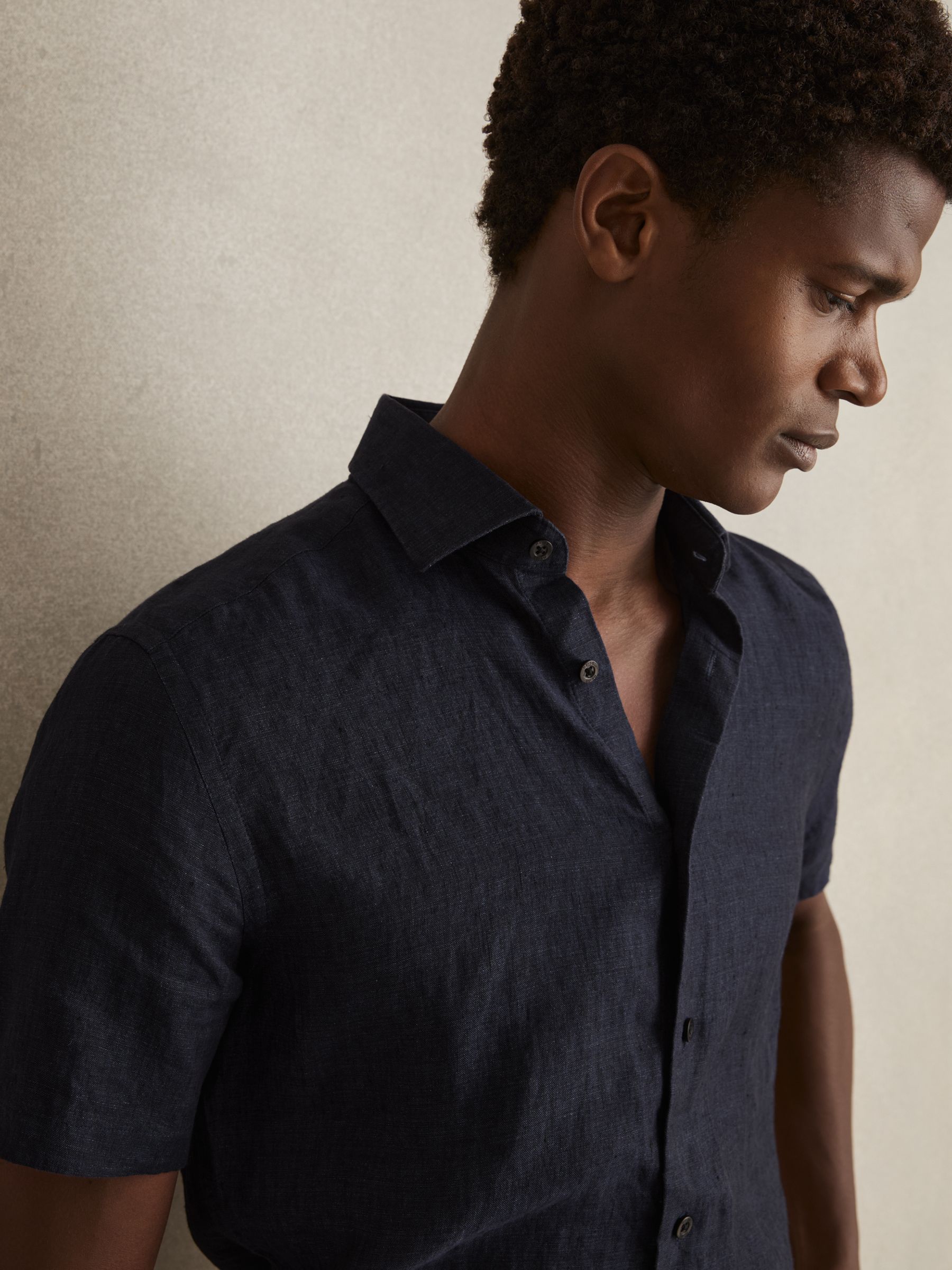Slim Fit Linen Button-Through Shirt in Navy