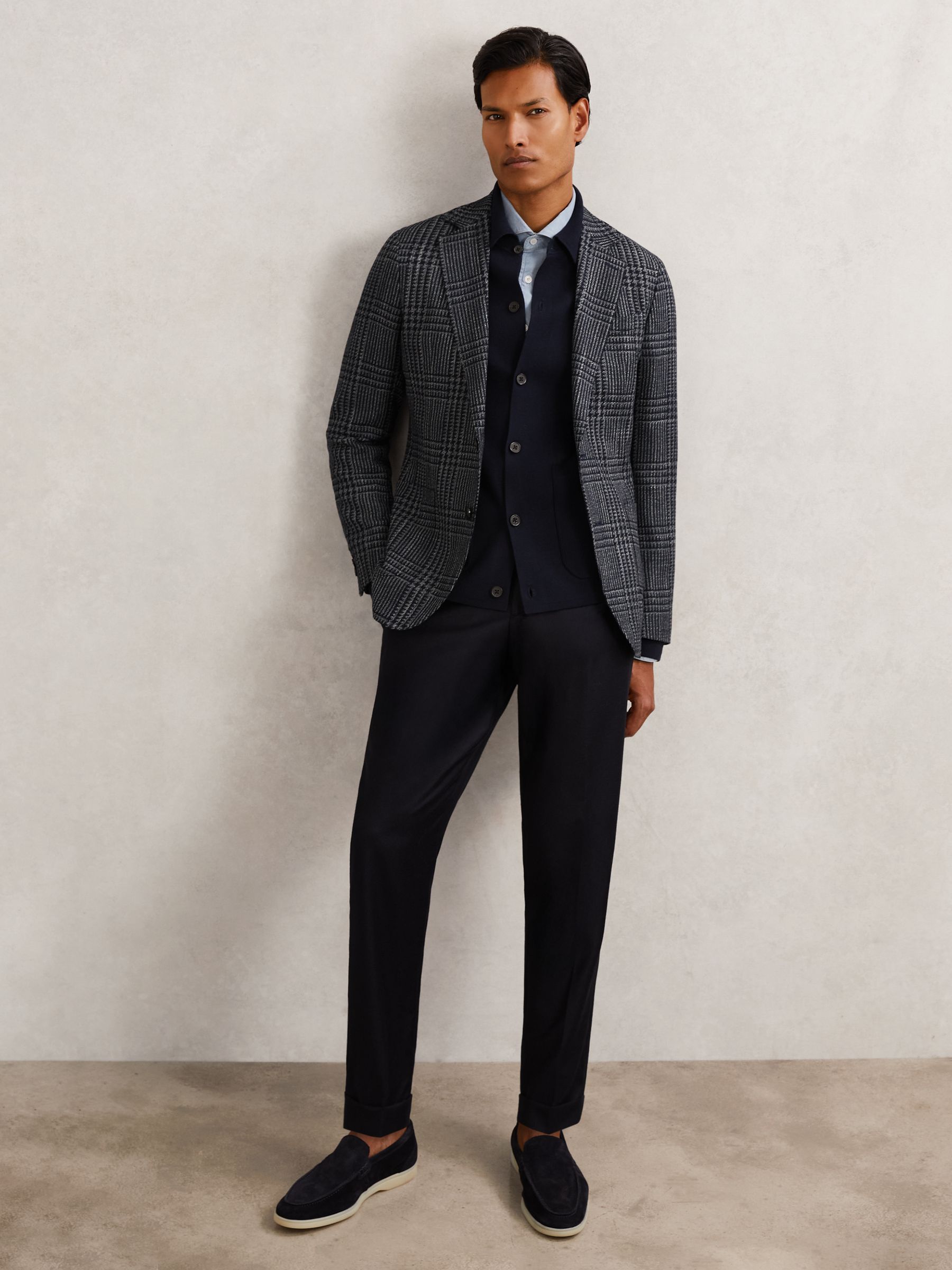 Wool-Blend Check Single-Breasted Blazer Tailored-Fit in Navy