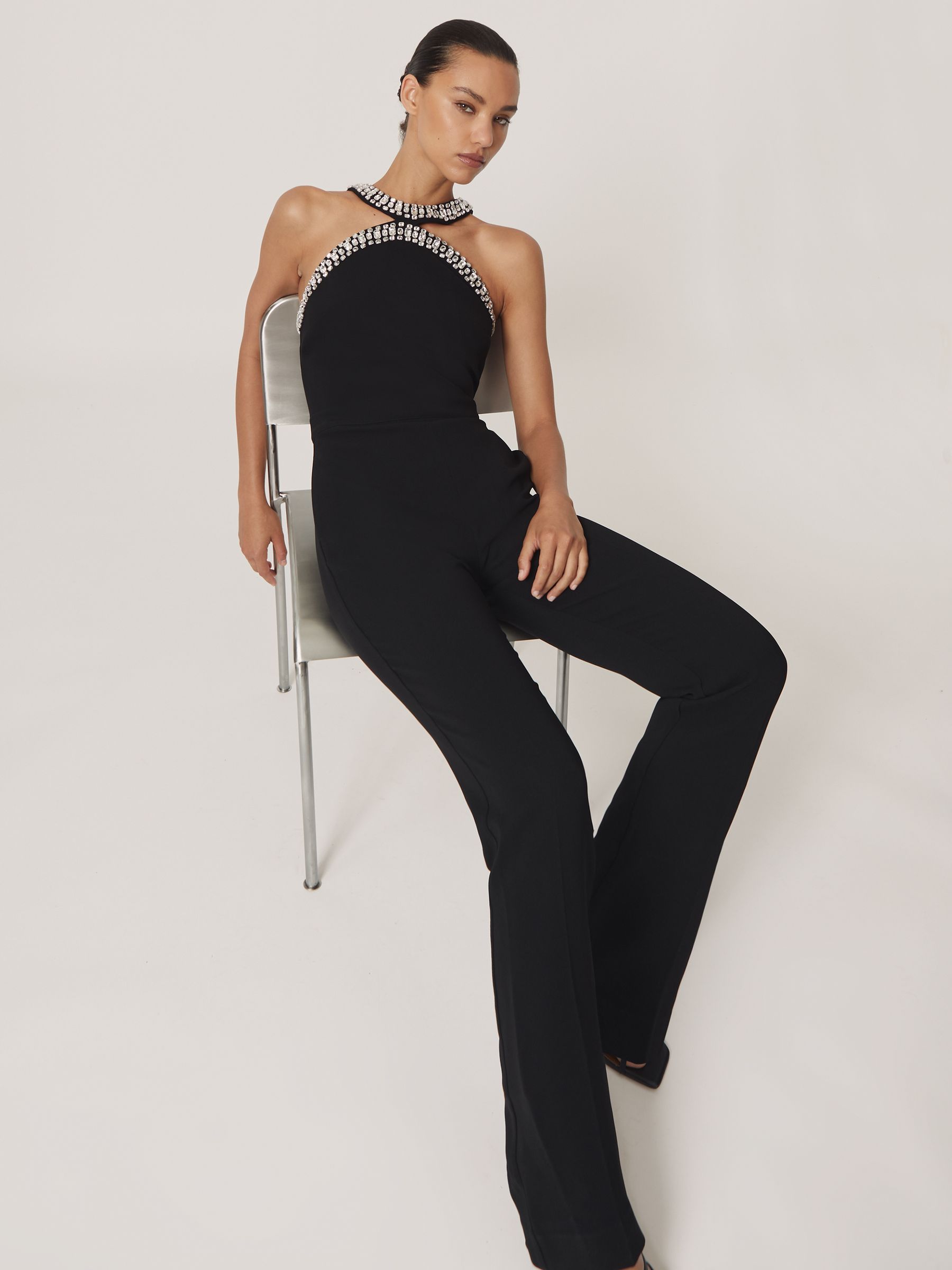 Crystal-Embellished Cut-Out Jumpsuit in Black