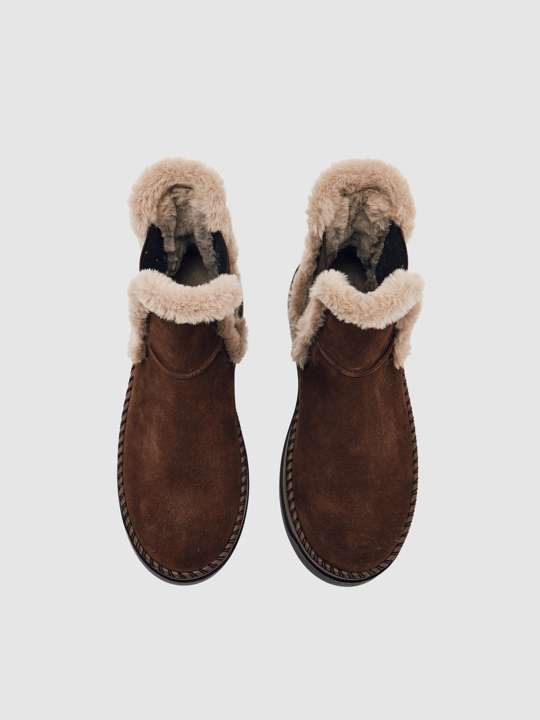 Suede Faux Fur-Trim Ankle Boots in Chocolate