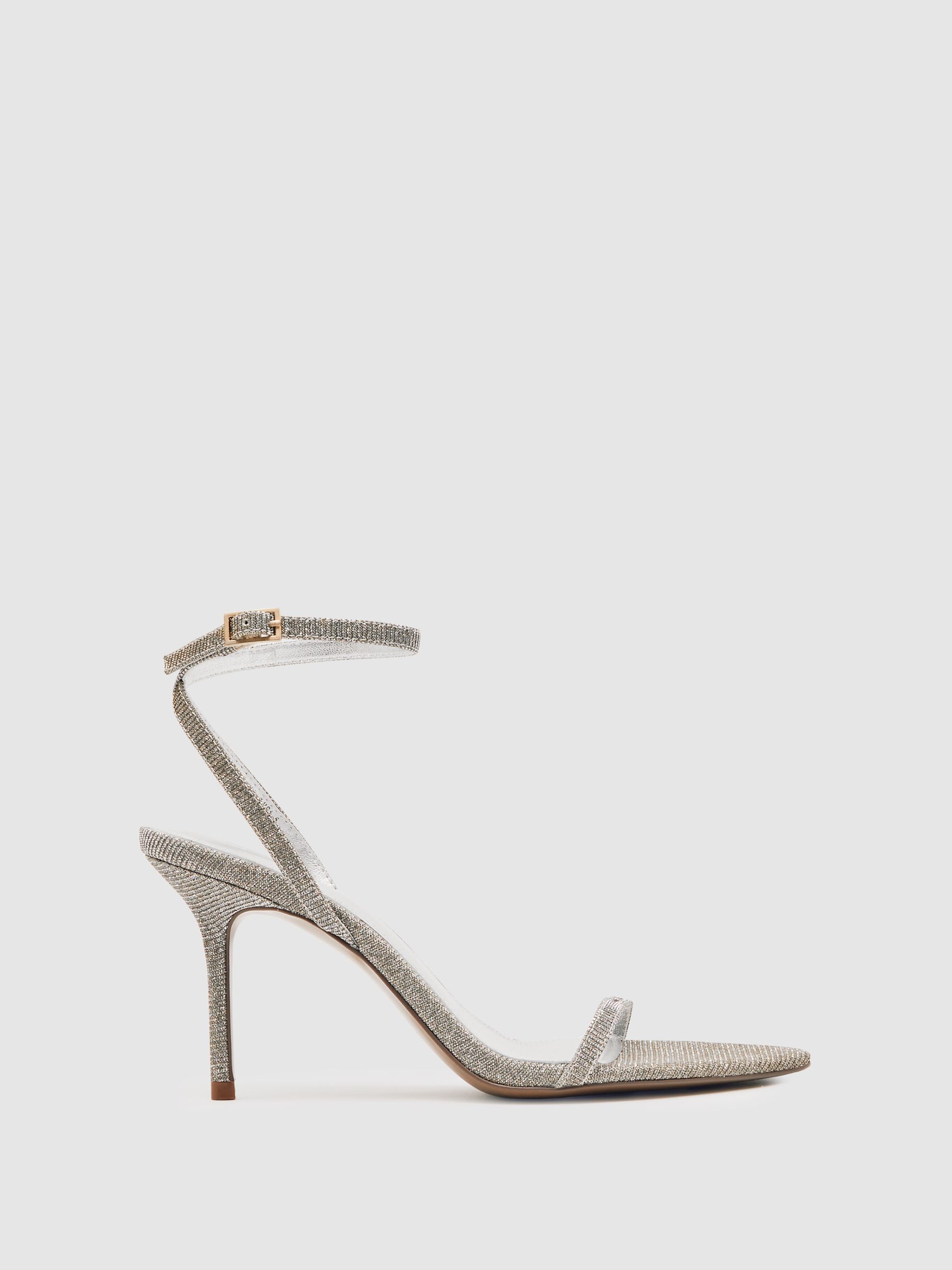 Metallic Strappy Stiletto Sandals in Silver