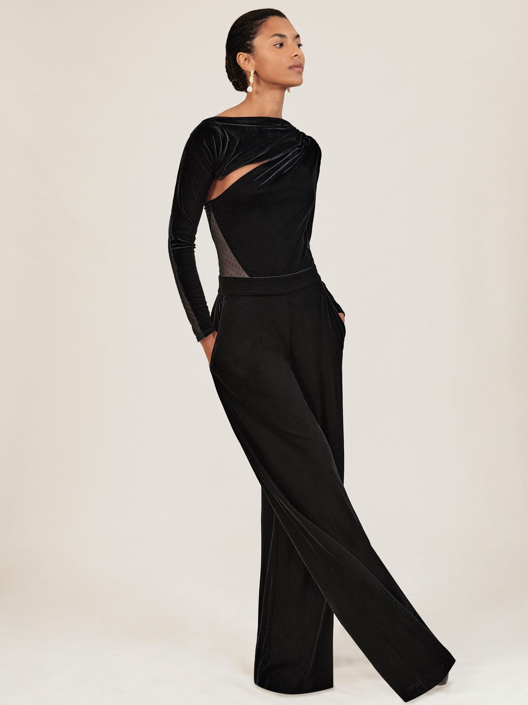 Velvet Sheer-Panel Wide-Leg Jumpsuit in Black