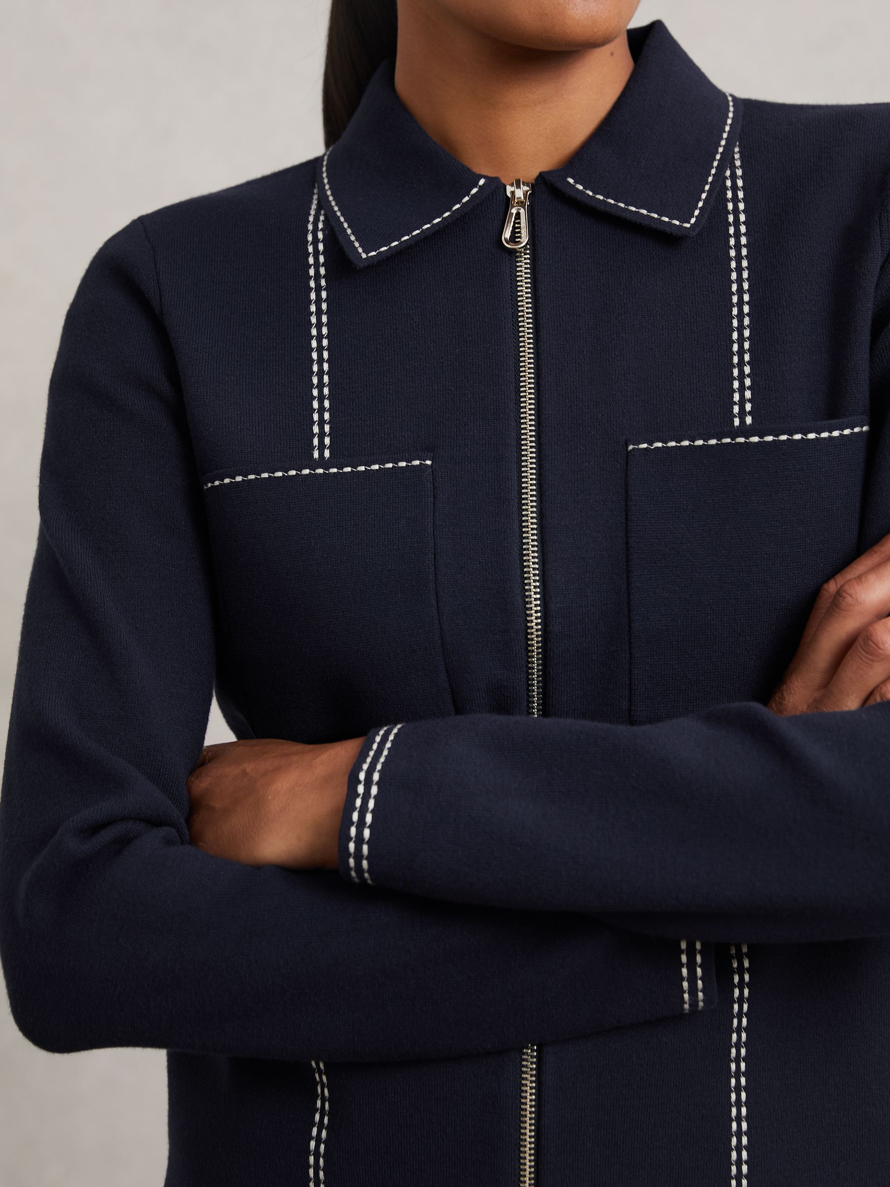 Stitch-Detail Zip-Through Cardigan in Navy