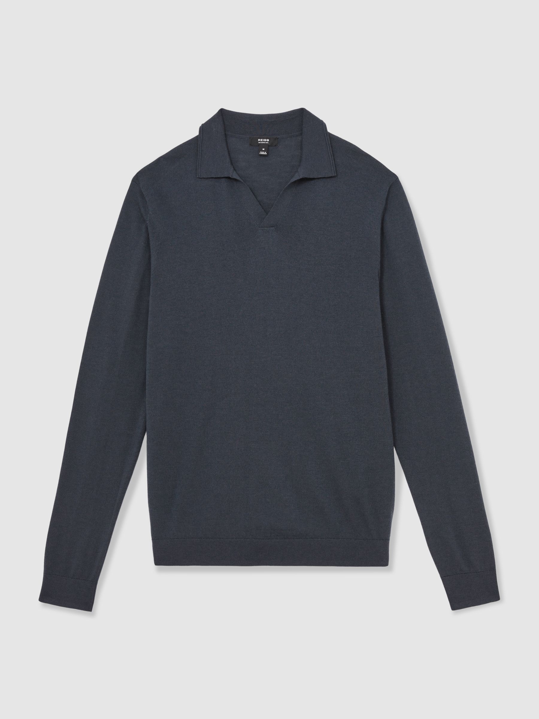 Merino Wool Open-Collar Polo Shirt in Midnight Navy
