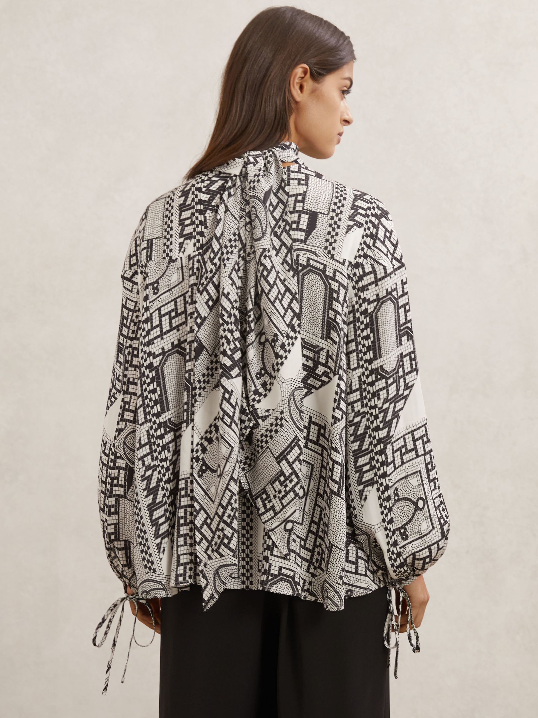 Tile-Print Balloon-Sleeve Blouse in Ivory/Black