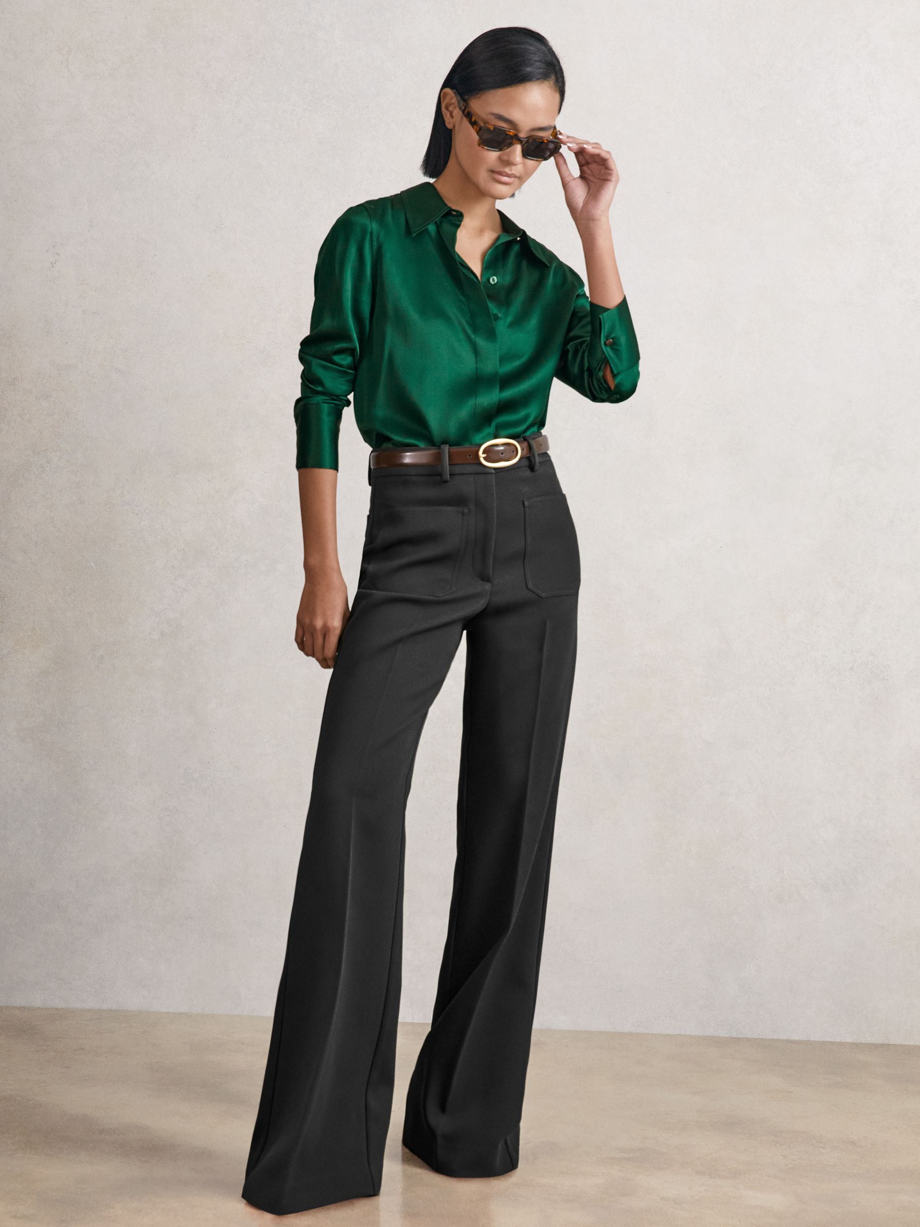 Silk-Satin Concealed-Placket Shirt in Green