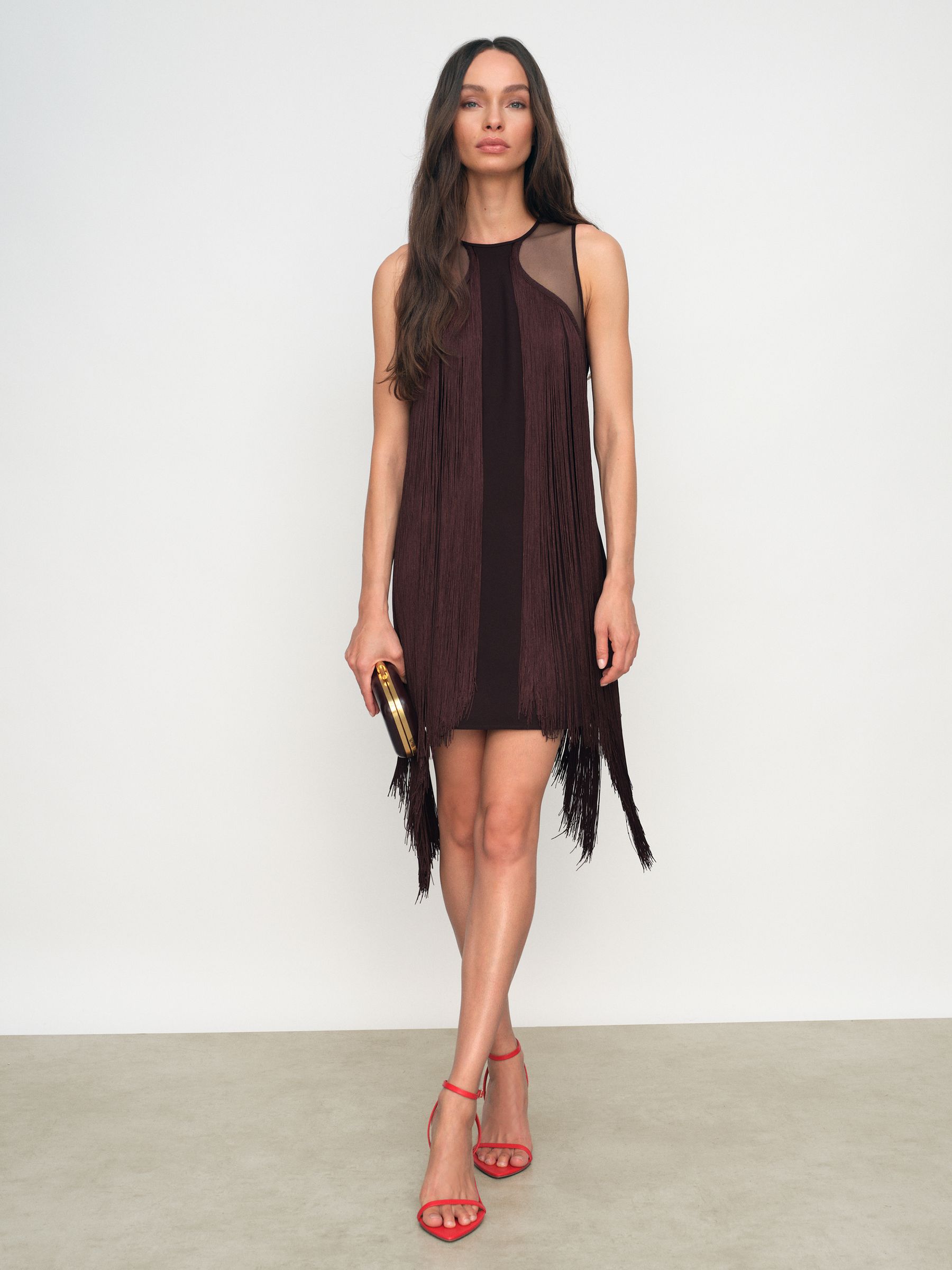 Fringe-Detail Sheer-Panel Mini Dress in Burgundy