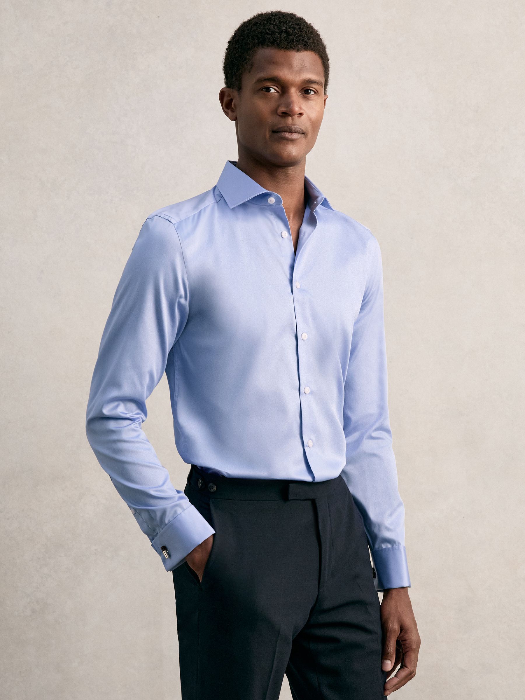 Slim Fit Cotton-Sateen Shirt in Blue Stripe