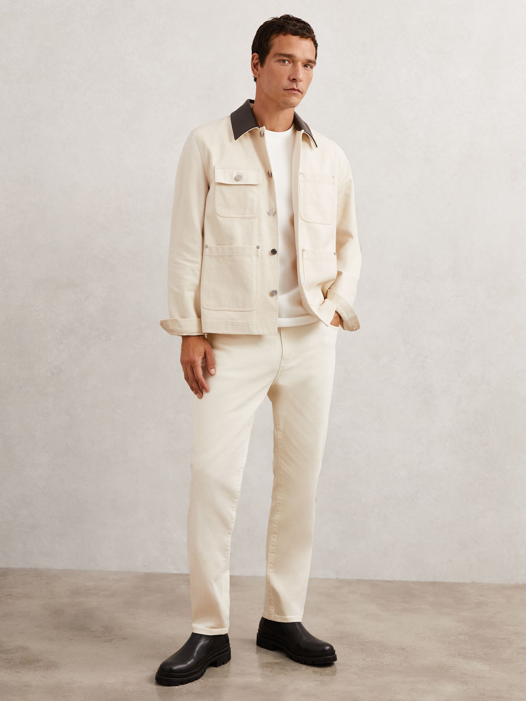 Denim Leather-Collar Worker Jacket in Off White