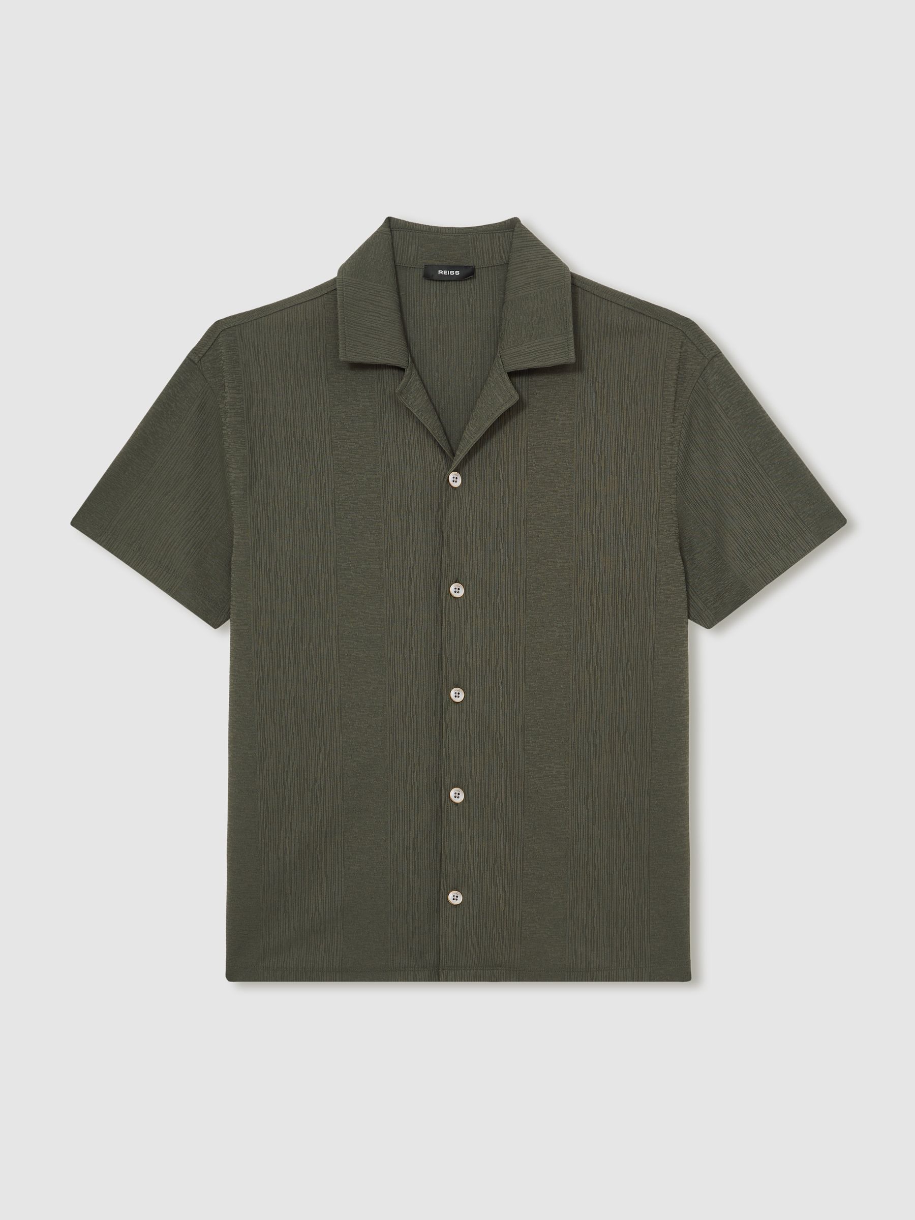 Jacquard-Stripe Cuban-Collar Shirt in Dark Green