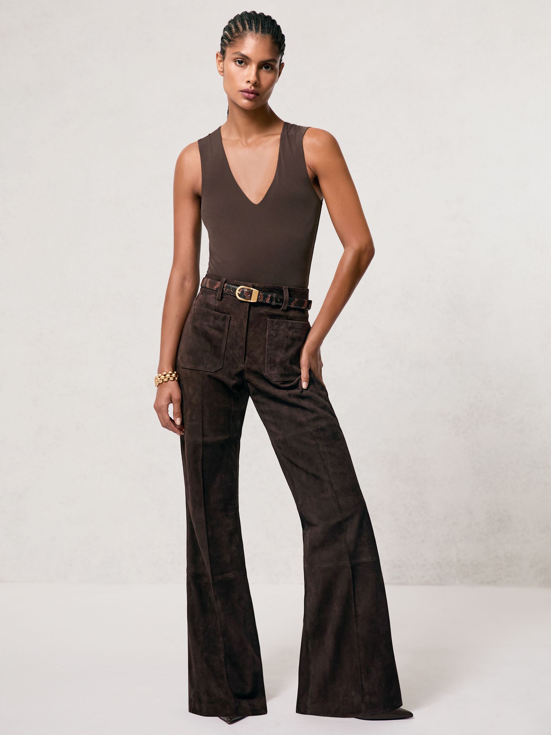 Suede High-Rise Flared Trousers in Chocolate Brown