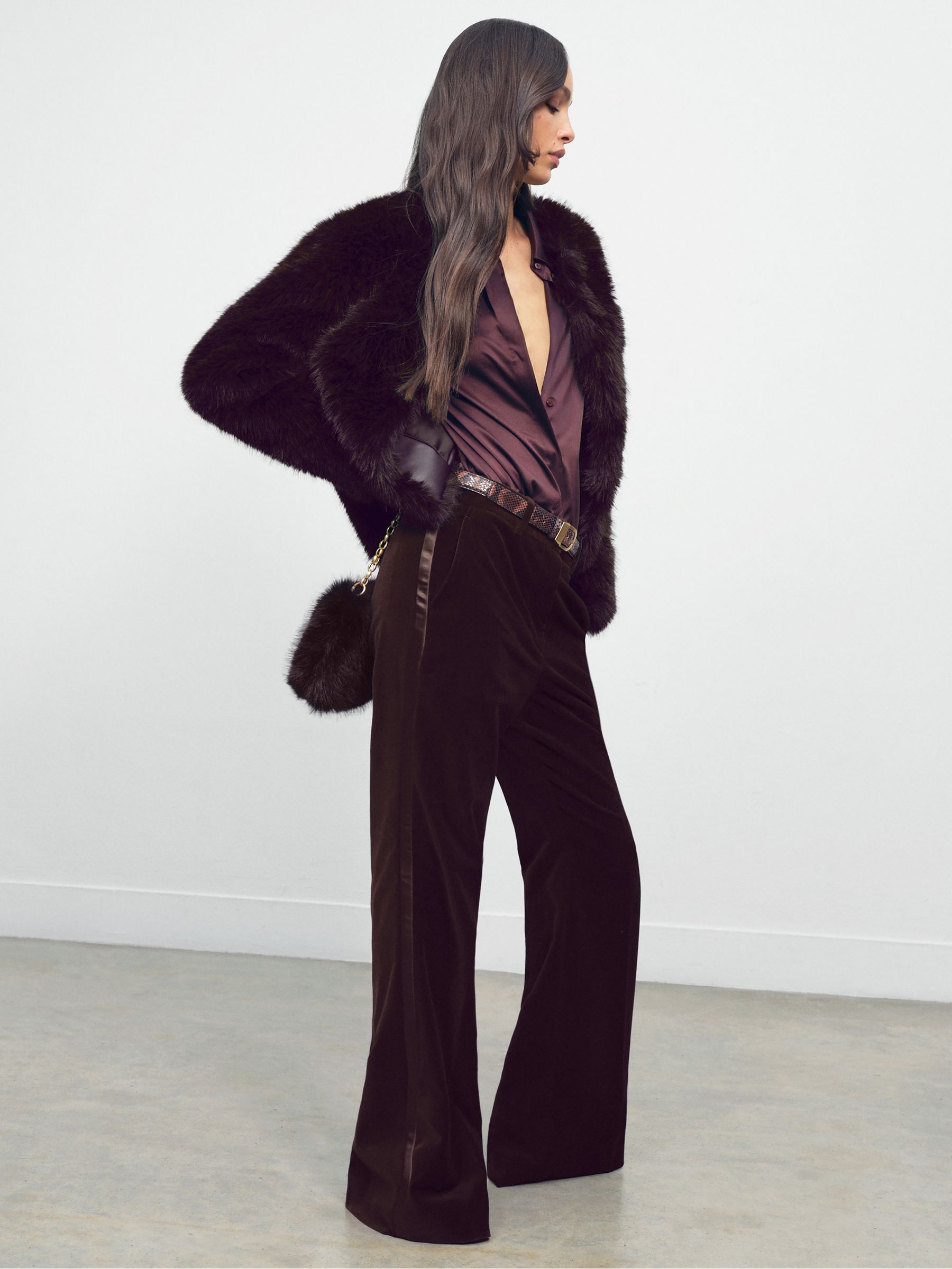 Velvet Tuxedo-Stripe Flared Trousers in Burgundy