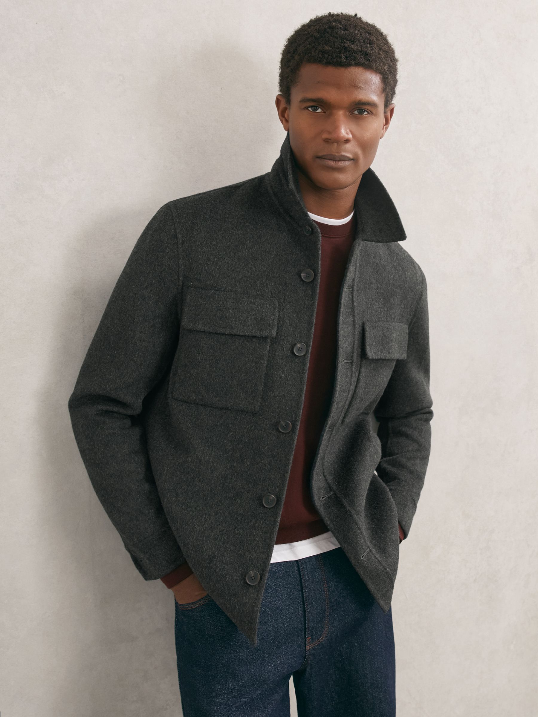 Wool-Blend Twin-Pocket Overshirt in Charcoal Grey