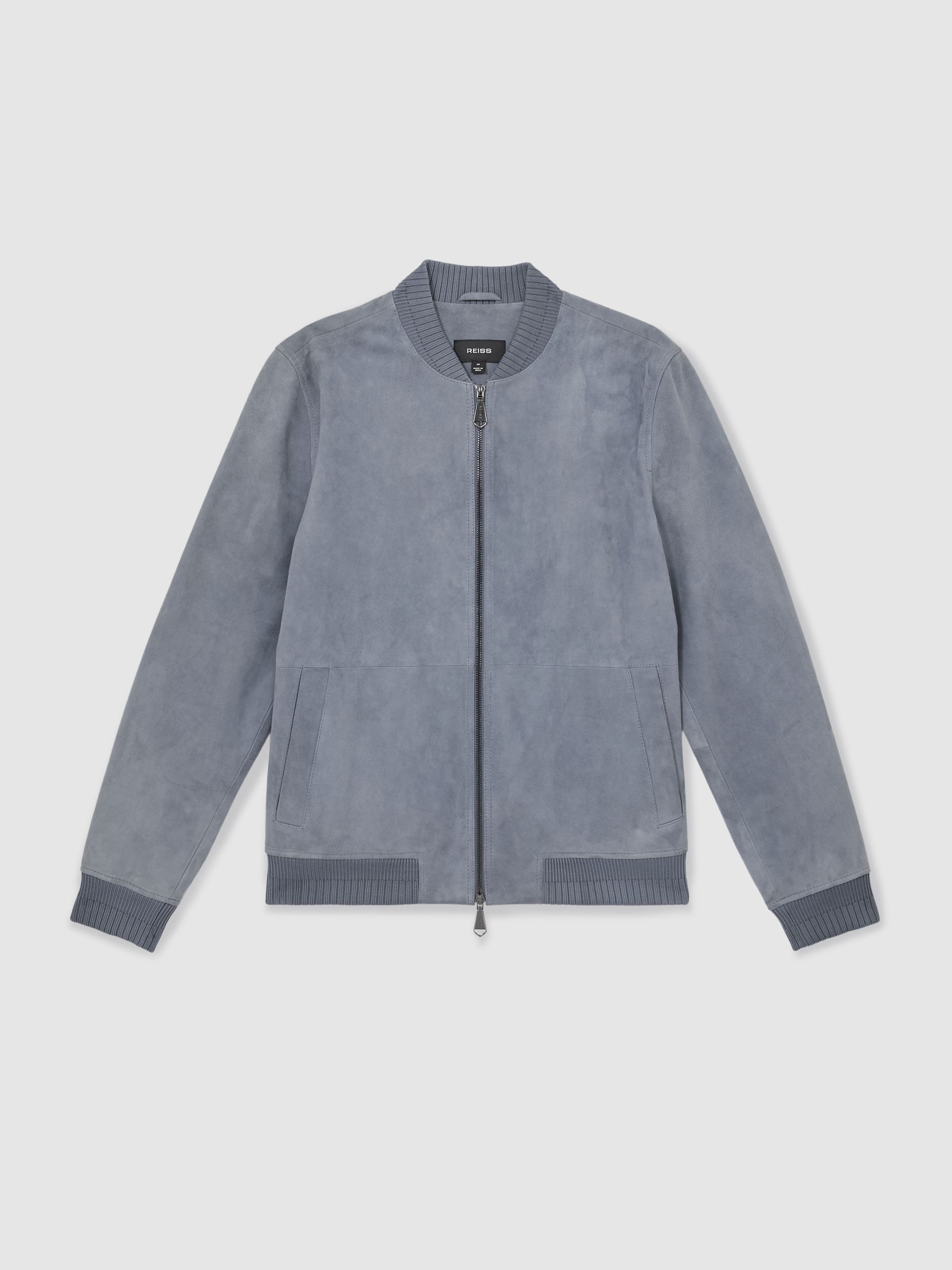 Suede Zip-Through Bomber Jacket in Denim Blue