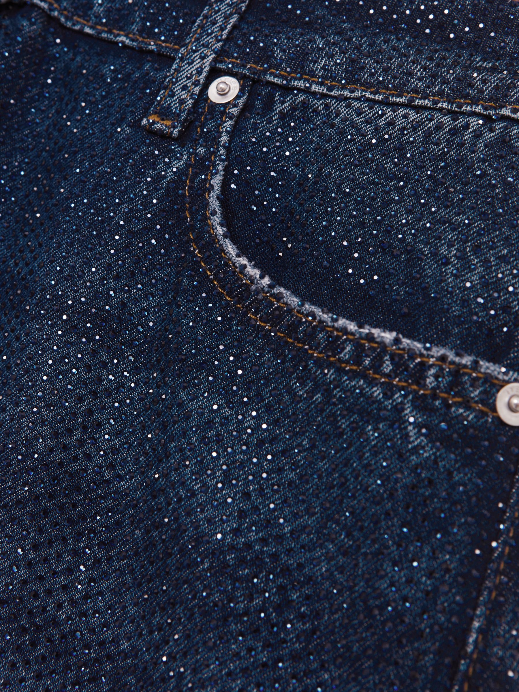 Petite Wide-Leg Crystal-Embellished Jeans in Dark Blue