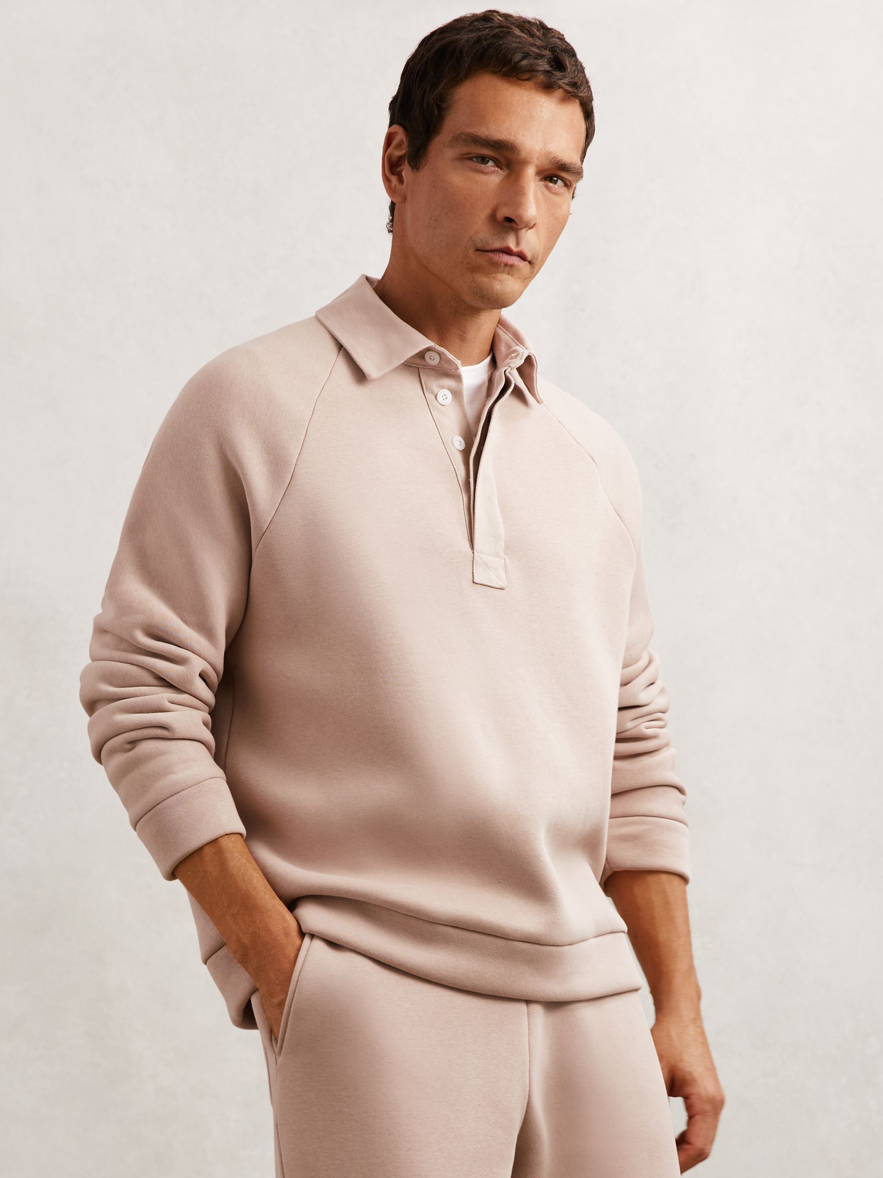 Cotton-Blend Fleece-Back Polo Shirt in Pink