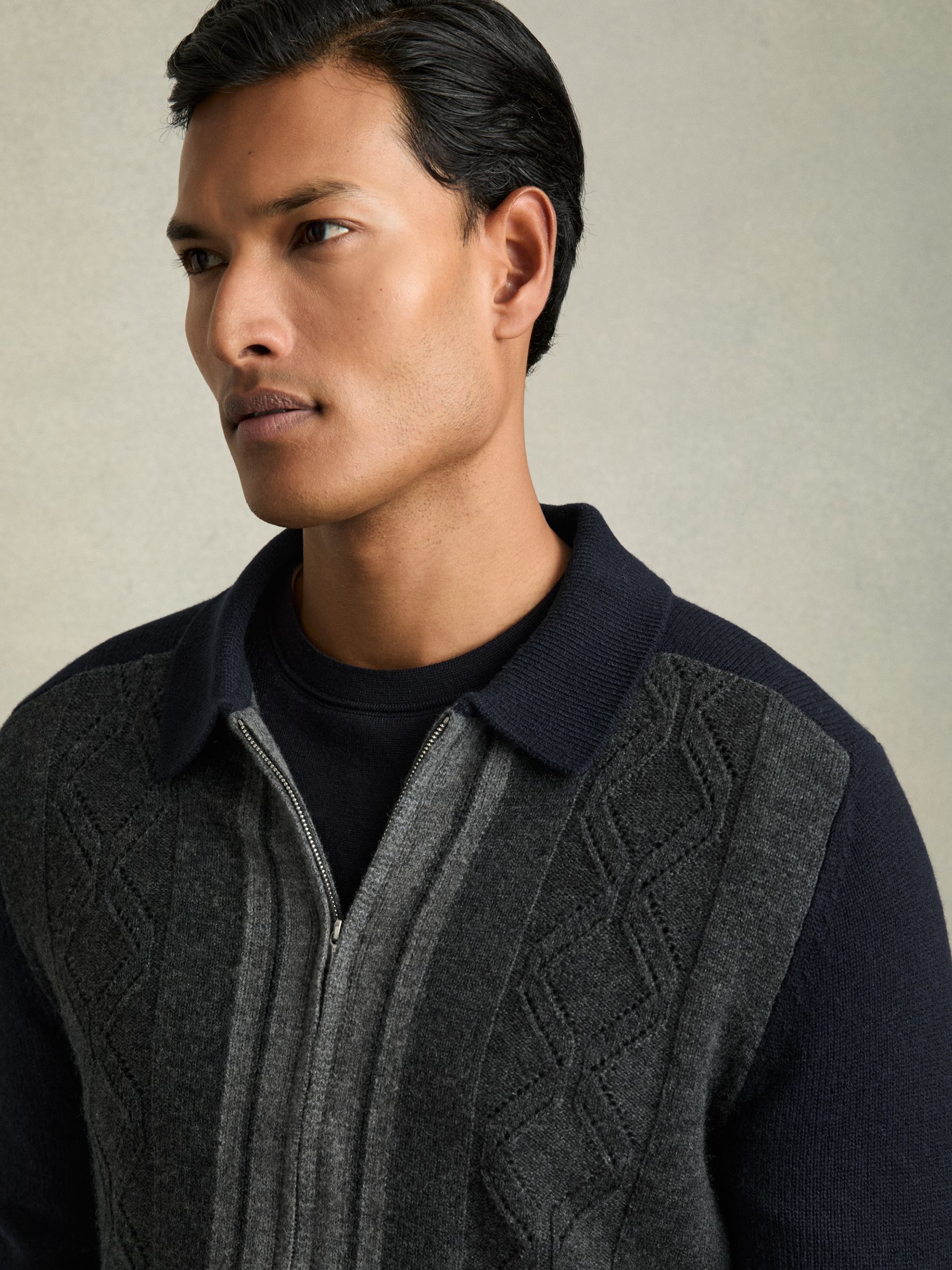 Wool Colour-Block Zip-Through Cardigan in Navy/Grey