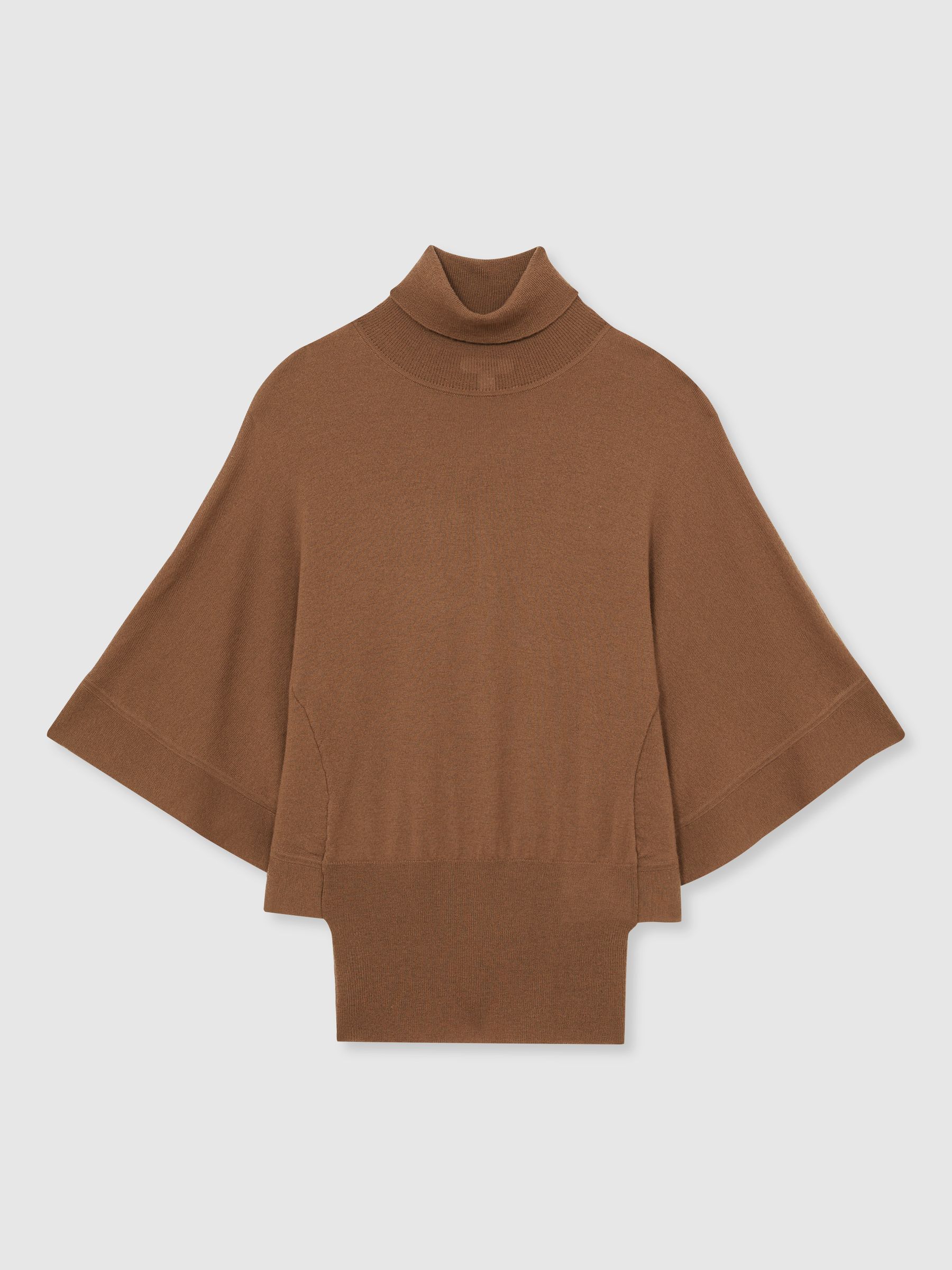 Merino Wool Batwing Roll-Neck Jumper in Tan