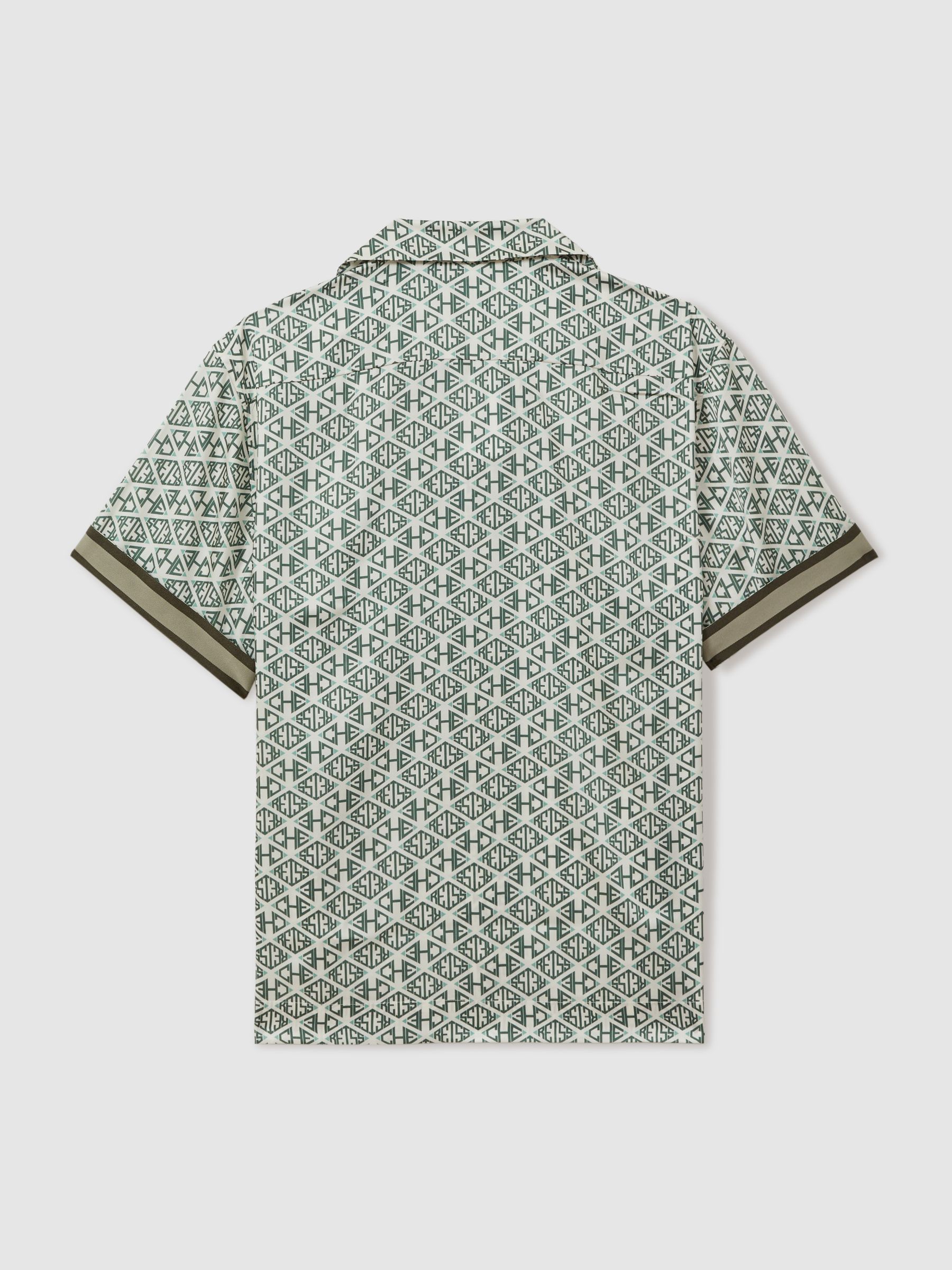 Reiss | Ché Monogram Print Cuff Detail Cuban Collar Shirt in Ivory/Sage