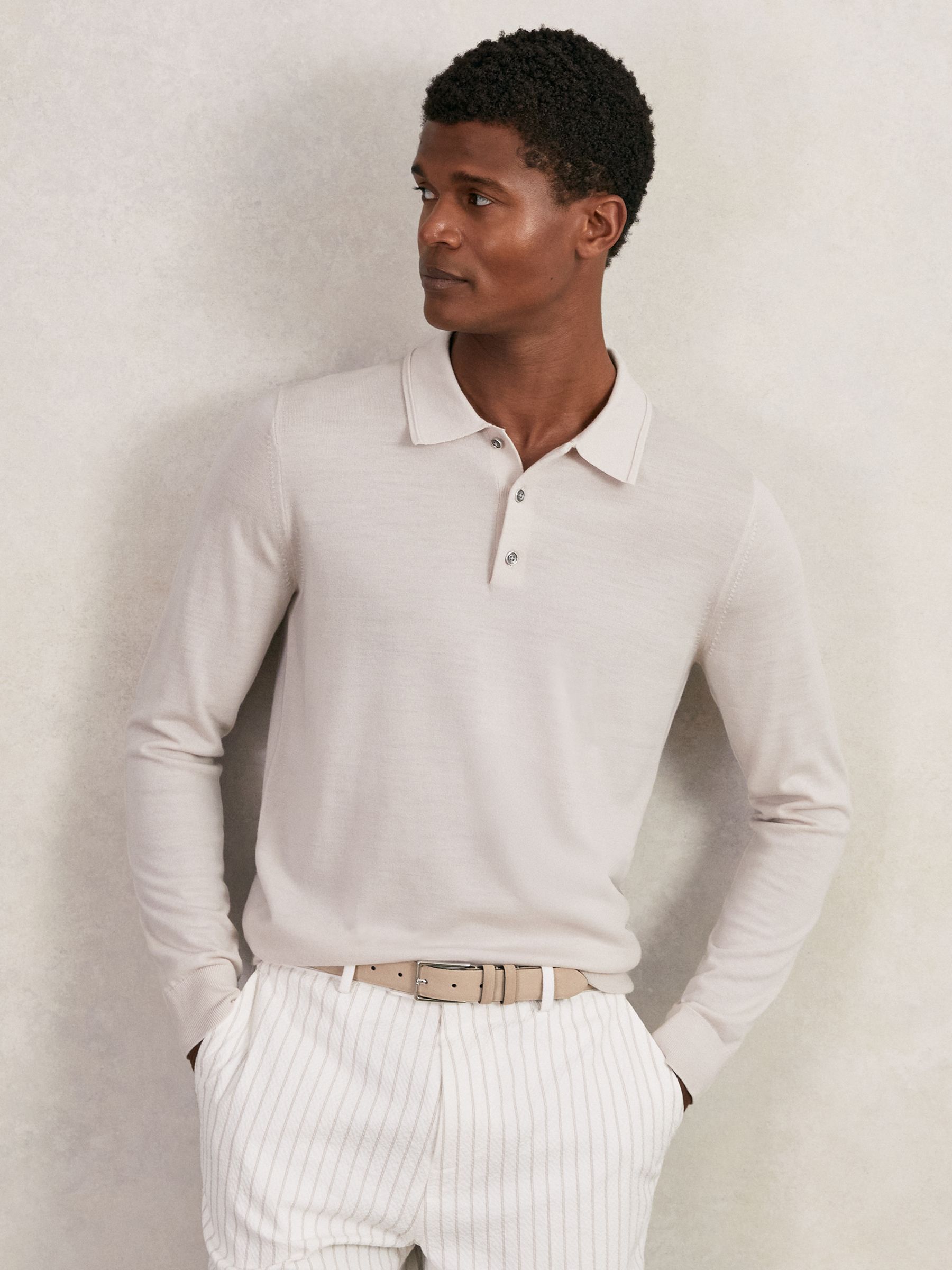 Merino Wool Long-Sleeve Polo Shirt in Beige