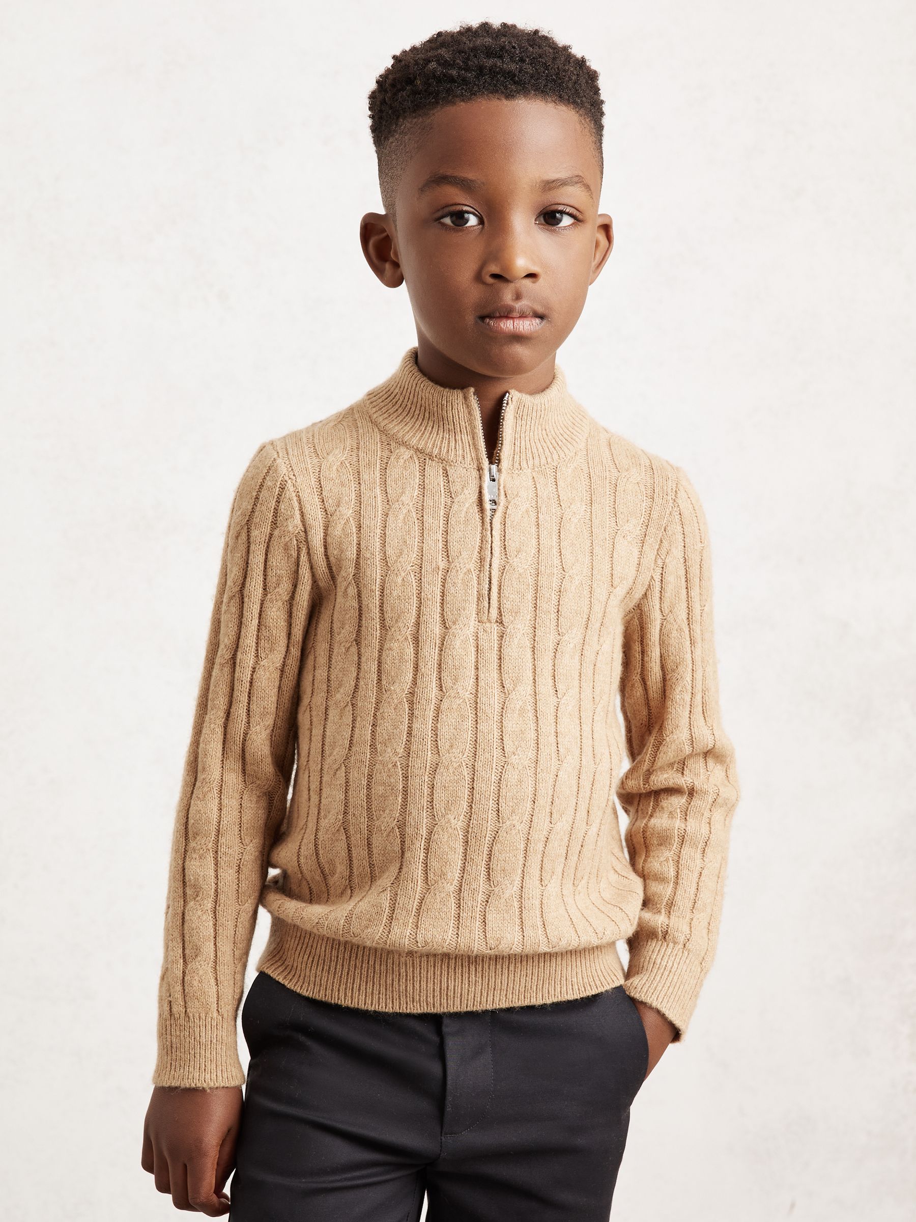 3-9 yrs Wool-Blend Half-Zip Cable Knit Jumper in Camel Melange