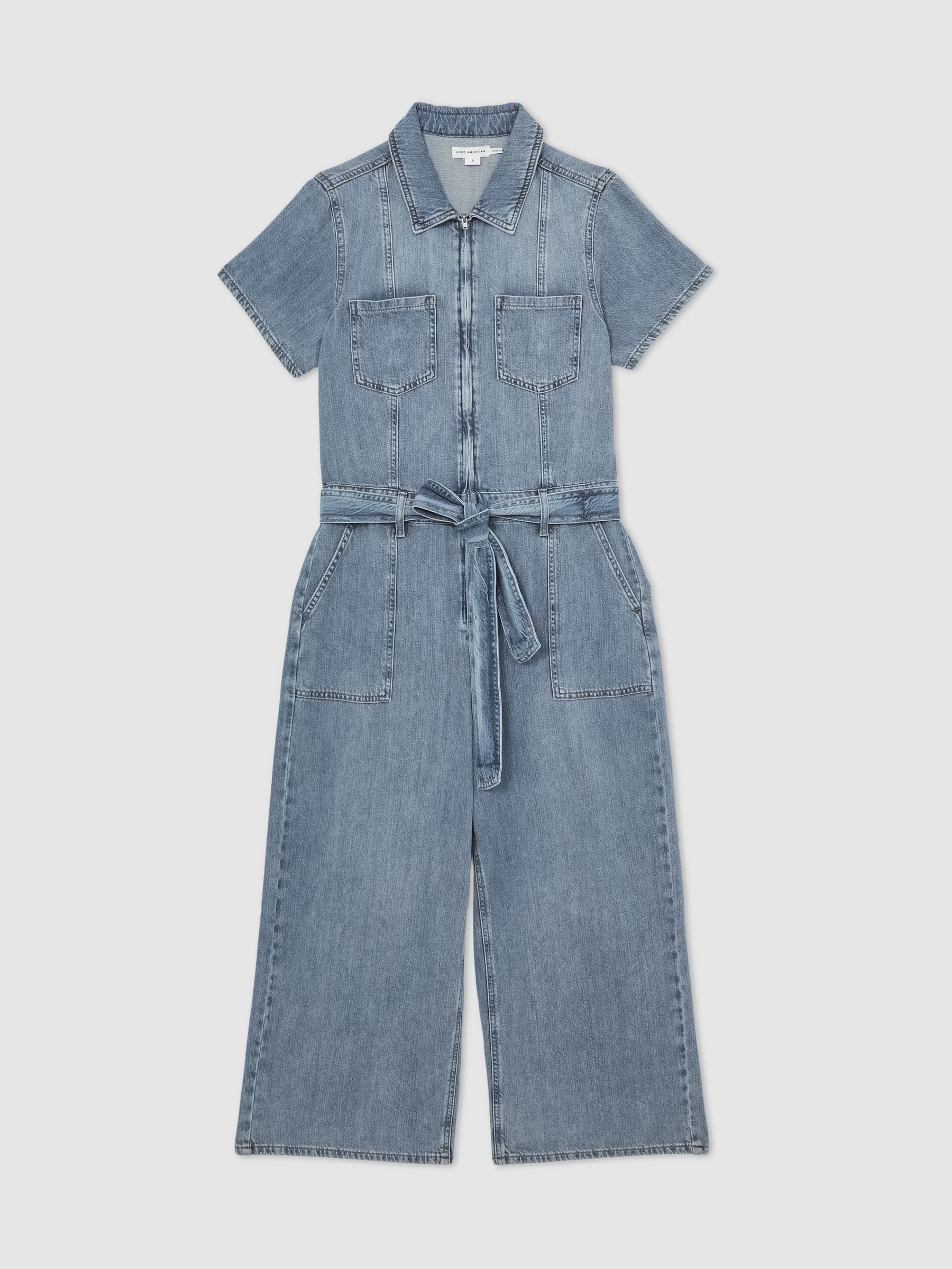 Good American Denim Wide-Leg Jumpsuit with Linen in Indigo Blue