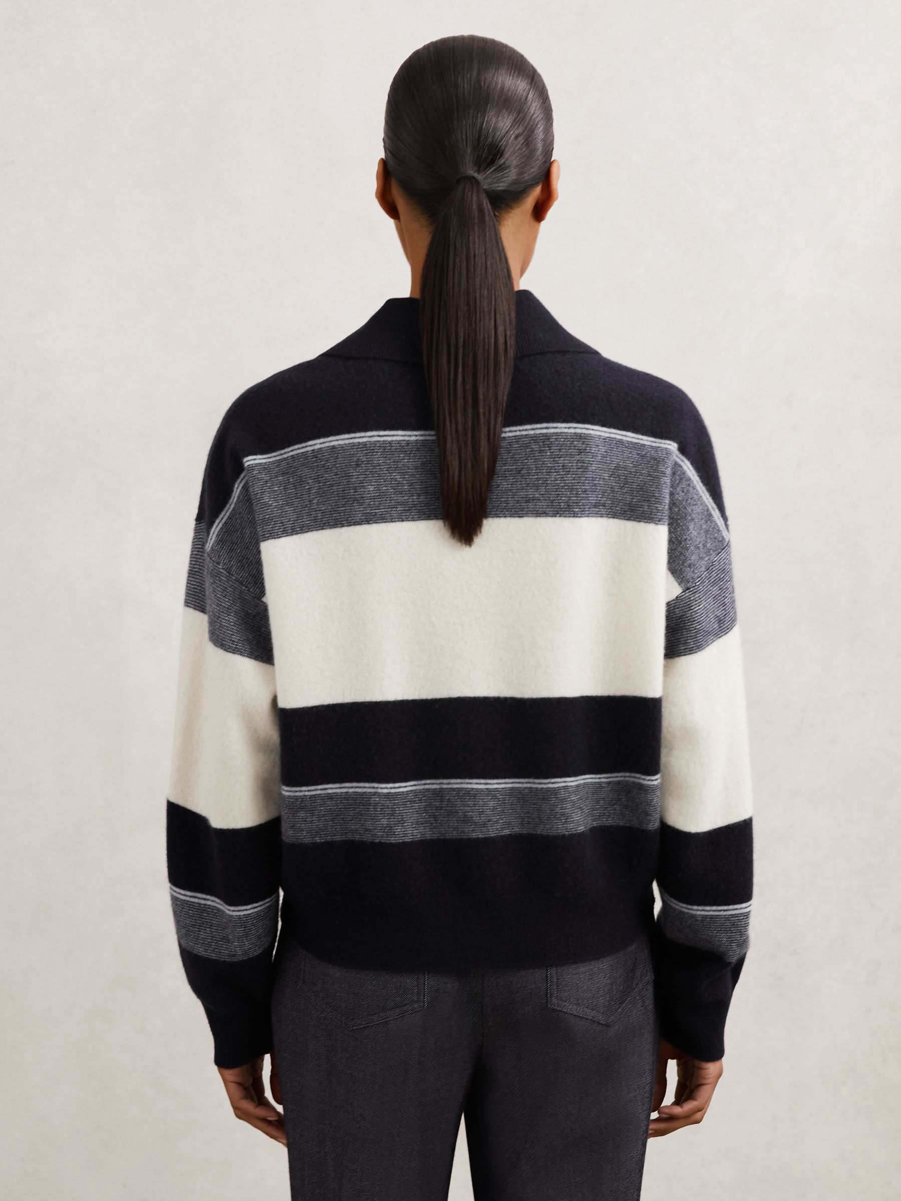 Wool-Cashmere Stripe Collared Jumper in Navy/Cream
