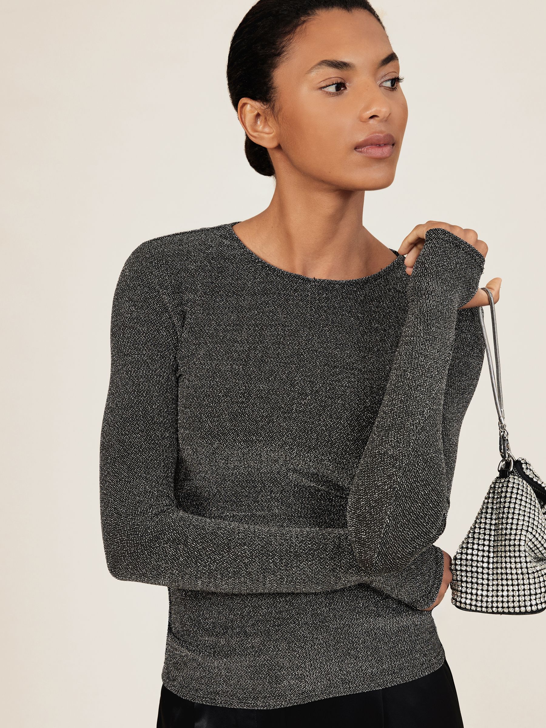 Metallic-Knit Long-Sleeve Top in Gold