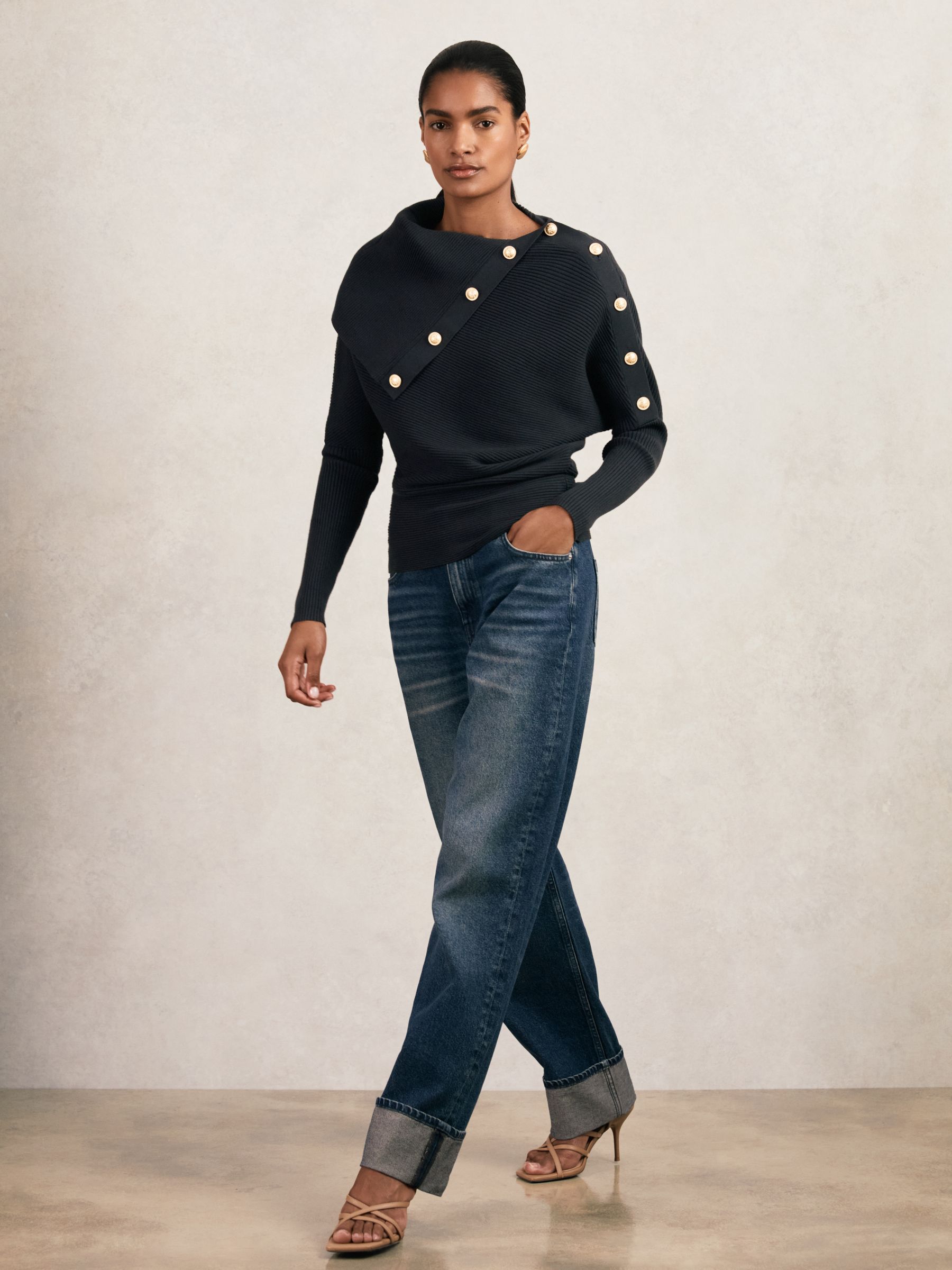 Rib-Knit Button Shawl Jumper in Navy