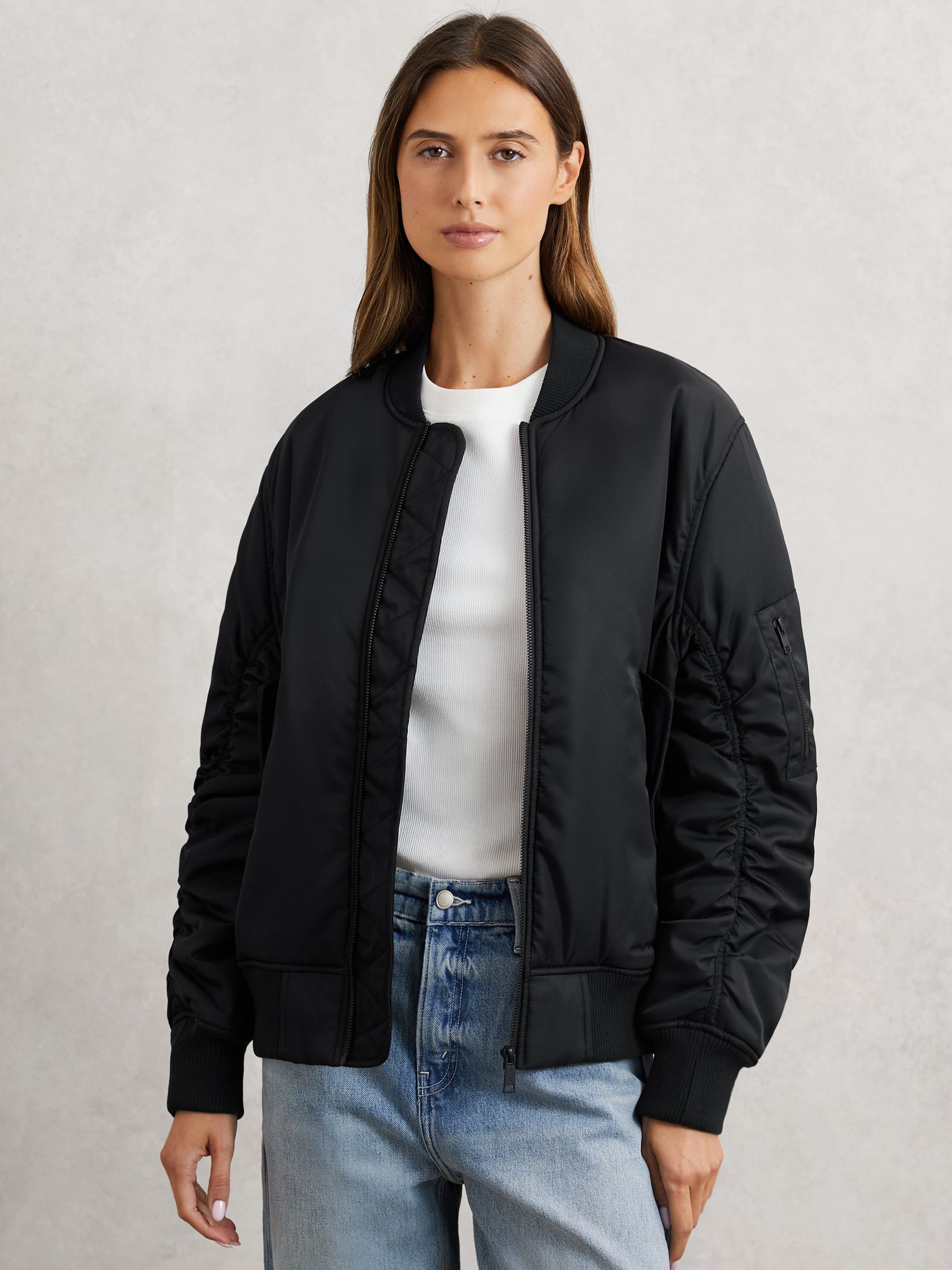 The Upside Ruched-Sleeve Bomber Jacket in Black