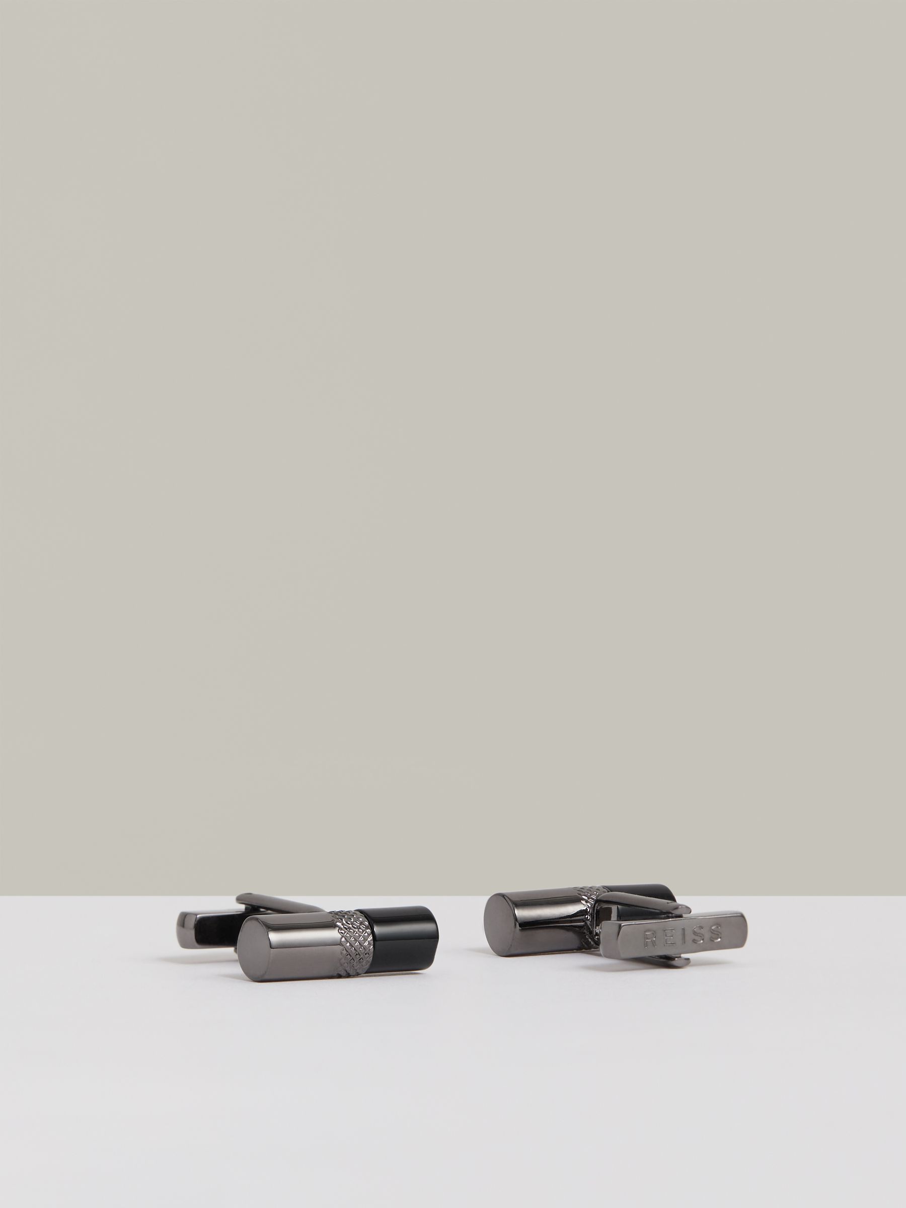 Onyx Barrel Cufflinks in Gunmetal Tone /Onyx
