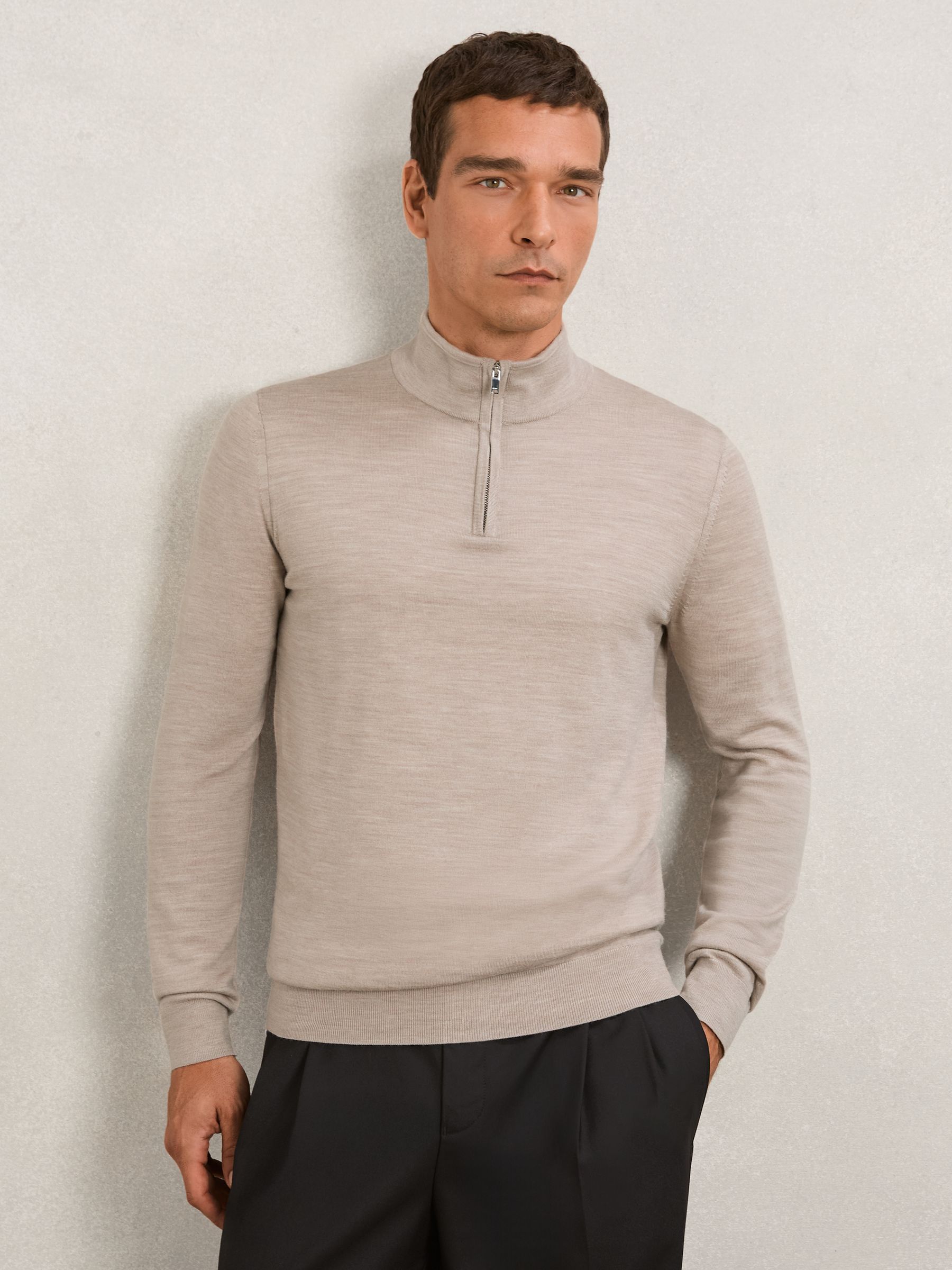 Merino Wool Half-Zip Funnel Neck Jumper in Beige